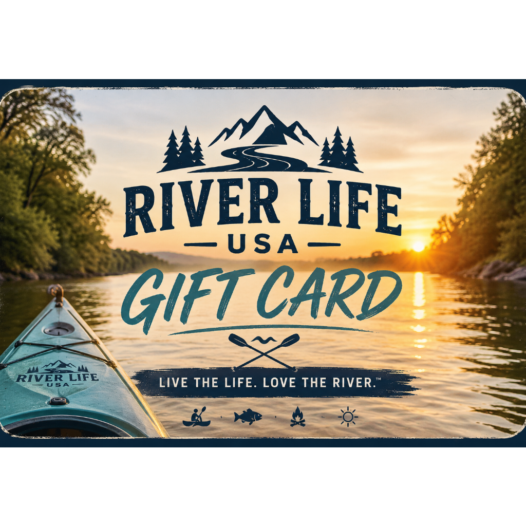 A River Life USA gift card featuring a scenic sunset over a river with a canoe in the foreground and large decorative text reading 'RIVER LIFE USA GIFT CARD'.