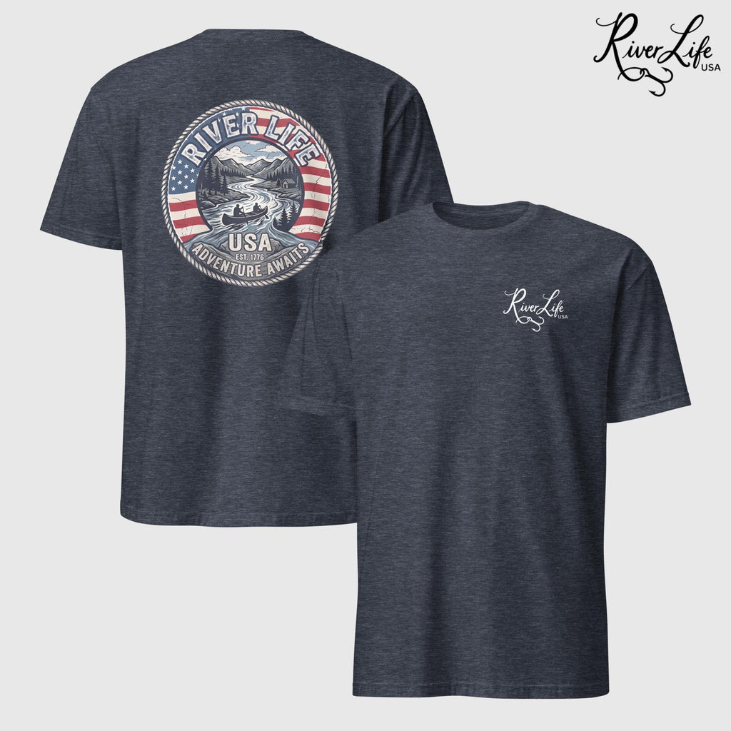 Adventure Awaits | Short-Sleeve Unisex T-Shirt-Heather Navy-River Life USA