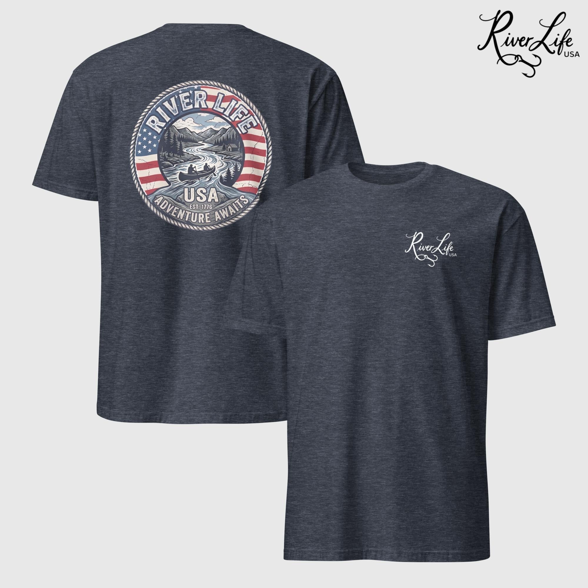 Adventure Awaits | Short-Sleeve Unisex T-Shirt-Heather Navy-River Life USA