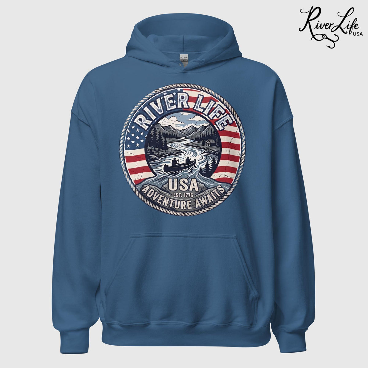 Adventure Awaits | Unisex Pullover Hoodie-Heather Indigo-River Life USA