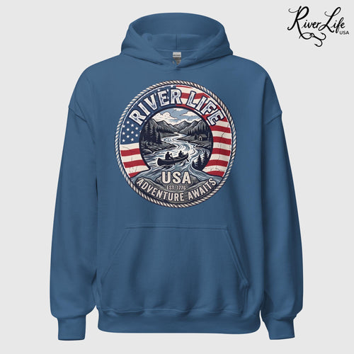 Adventure Awaits | Unisex Pullover Hoodie-Heather Indigo-River Life USA