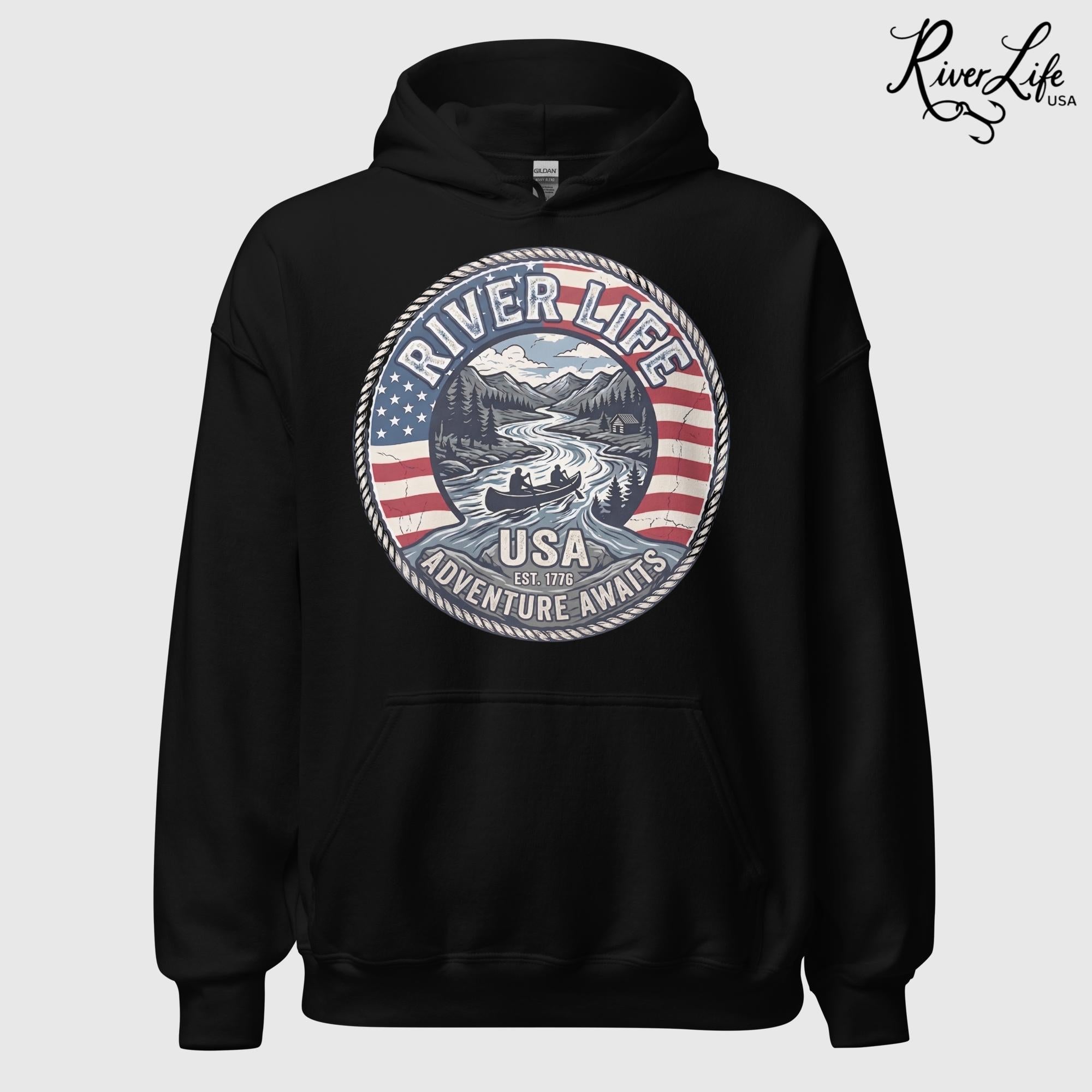 Adventure Awaits | Unisex Pullover Hoodie-Black-River Life USA