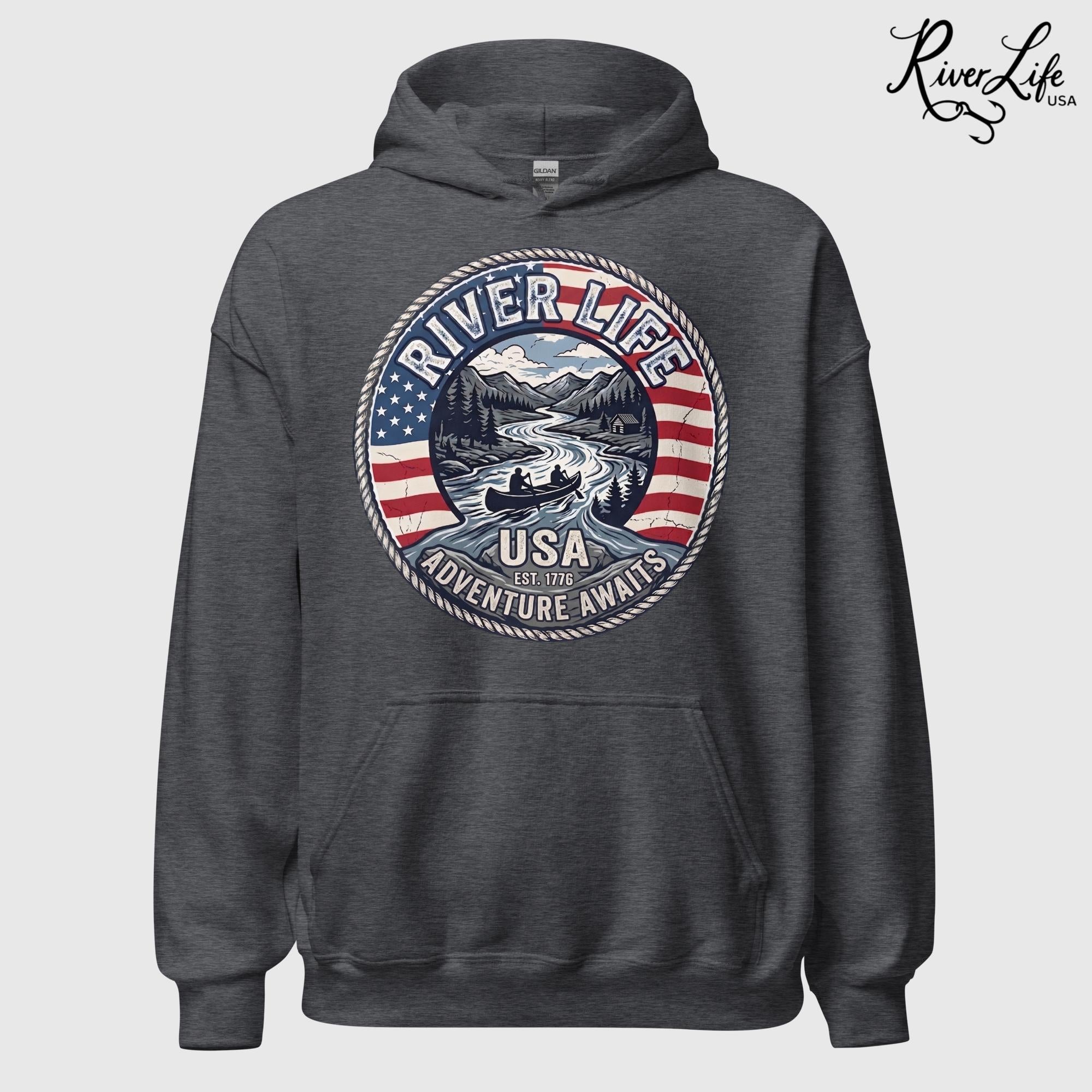 Adventure Awaits | Unisex Pullover Hoodie-Dark Heather-River Life USA