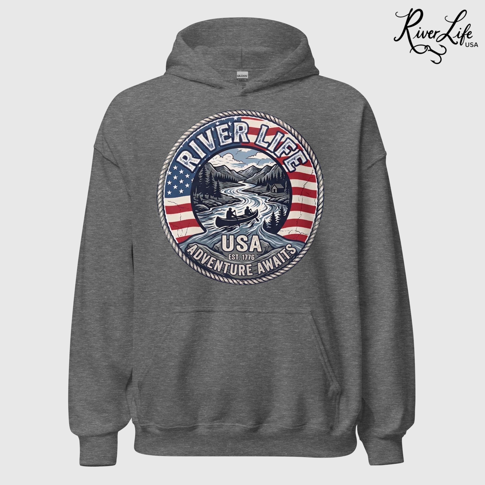 Adventure Awaits | Unisex Pullover Hoodie-Graphite Heather-River Life USA