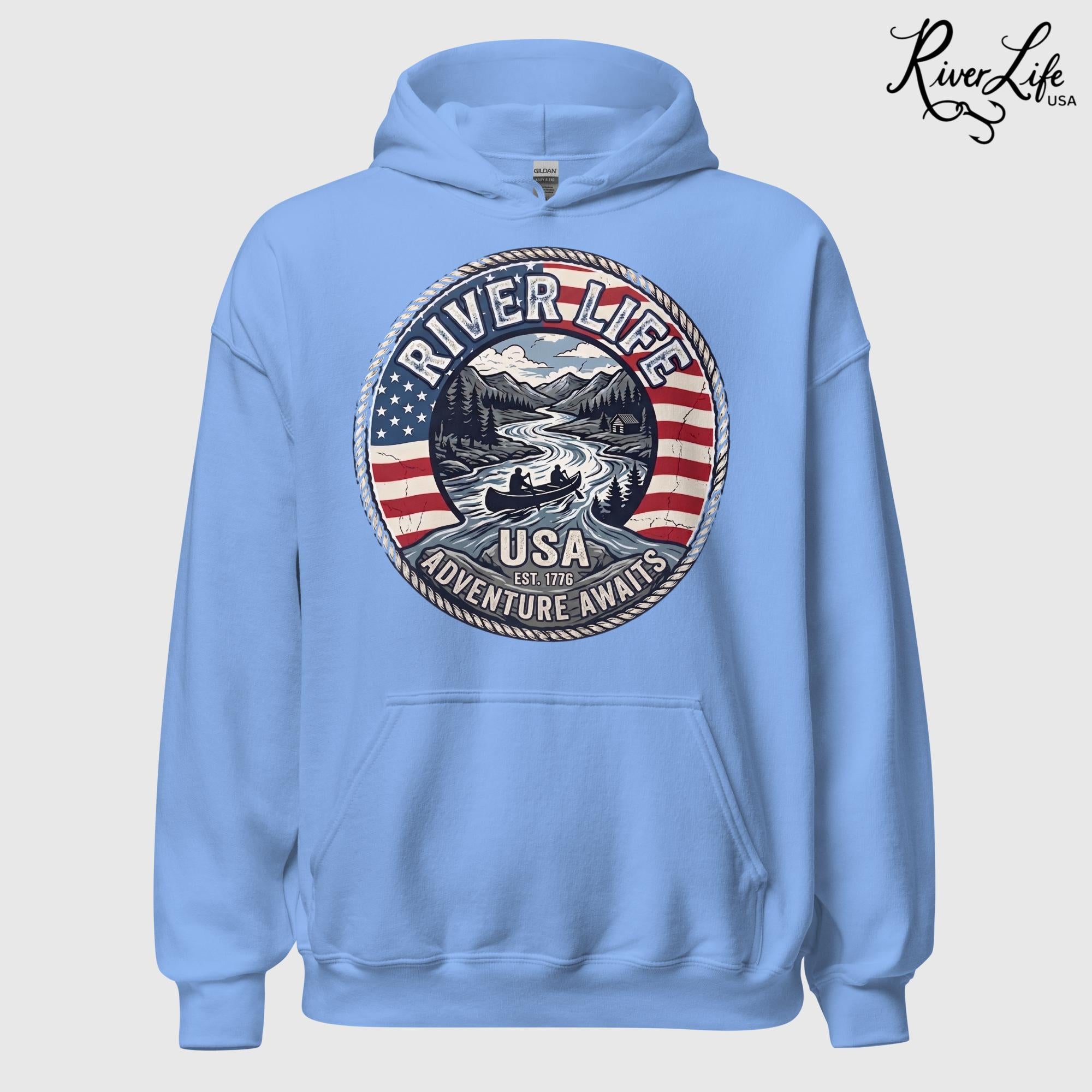 Adventure Awaits | Unisex Pullover Hoodie-Light Blue-River Life USA