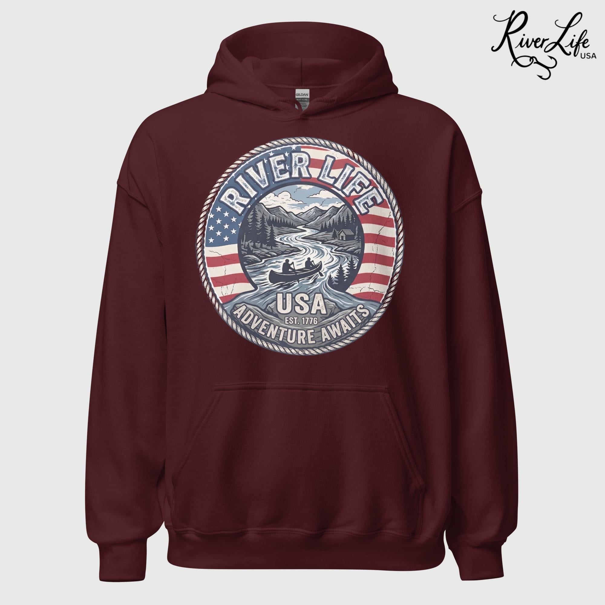 Adventure Awaits | Unisex Pullover Hoodie-Maroon-River Life USA
