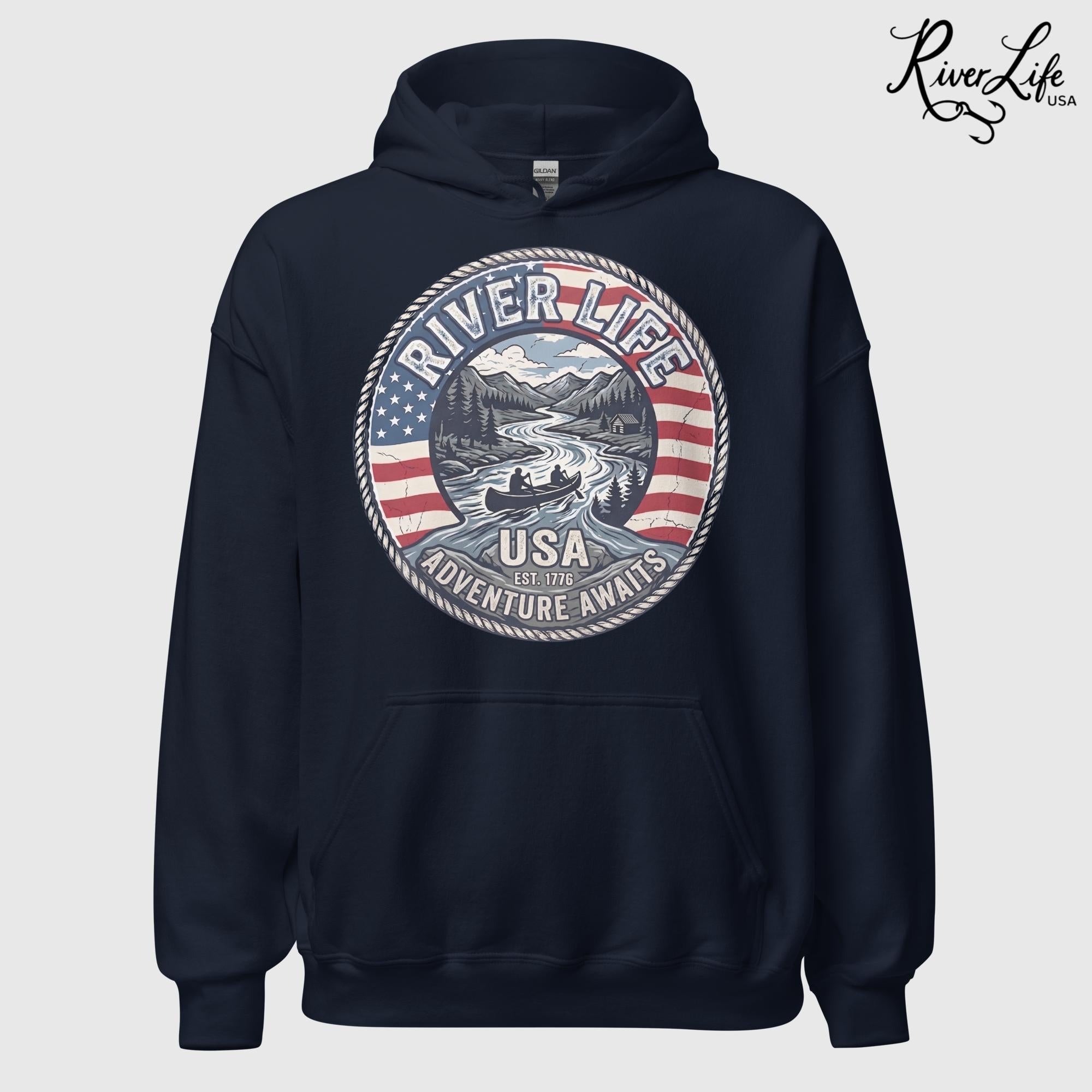 Adventure Awaits | Unisex Pullover Hoodie-Navy-River Life USA