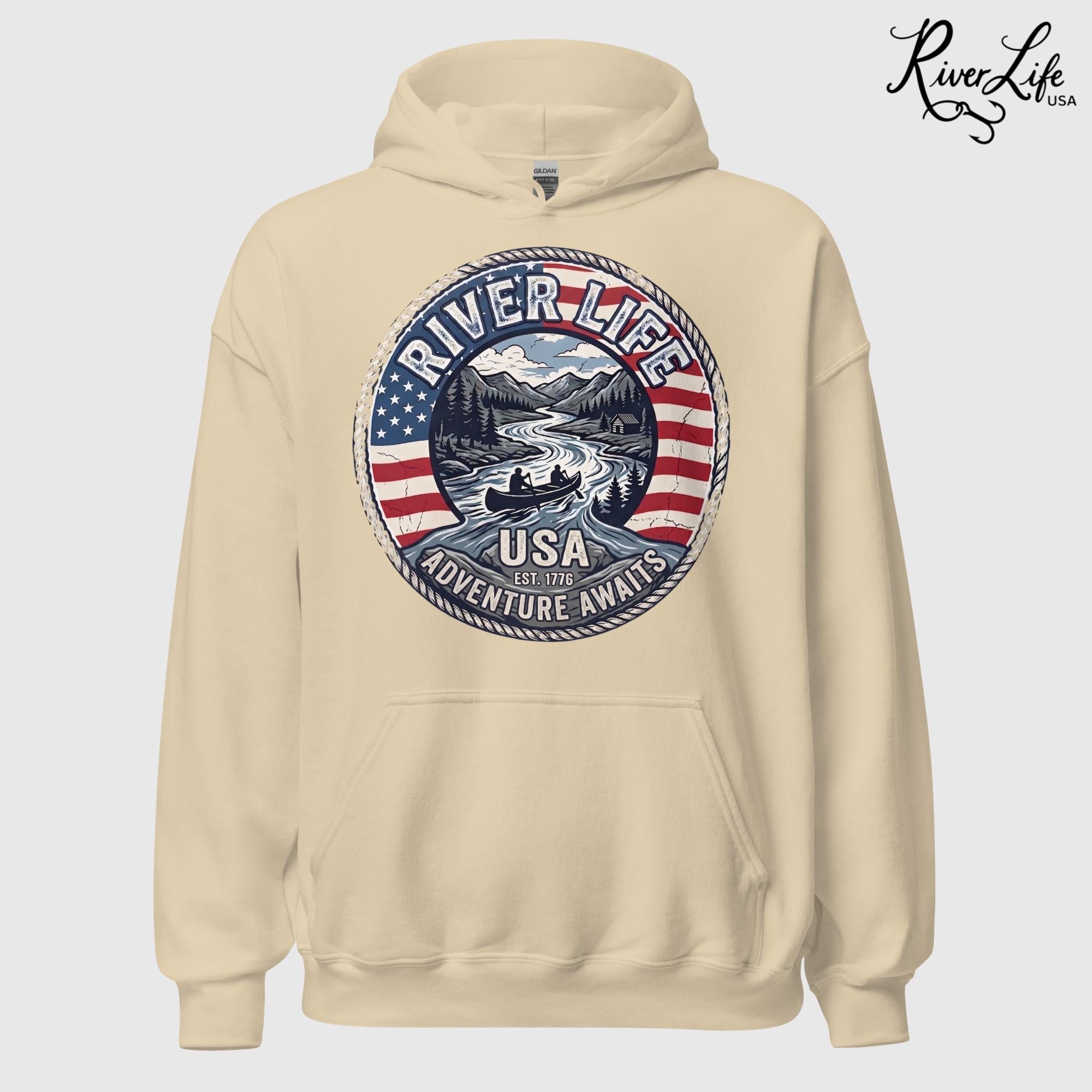Adventure Awaits | Unisex Pullover Hoodie-Sand-River Life USA