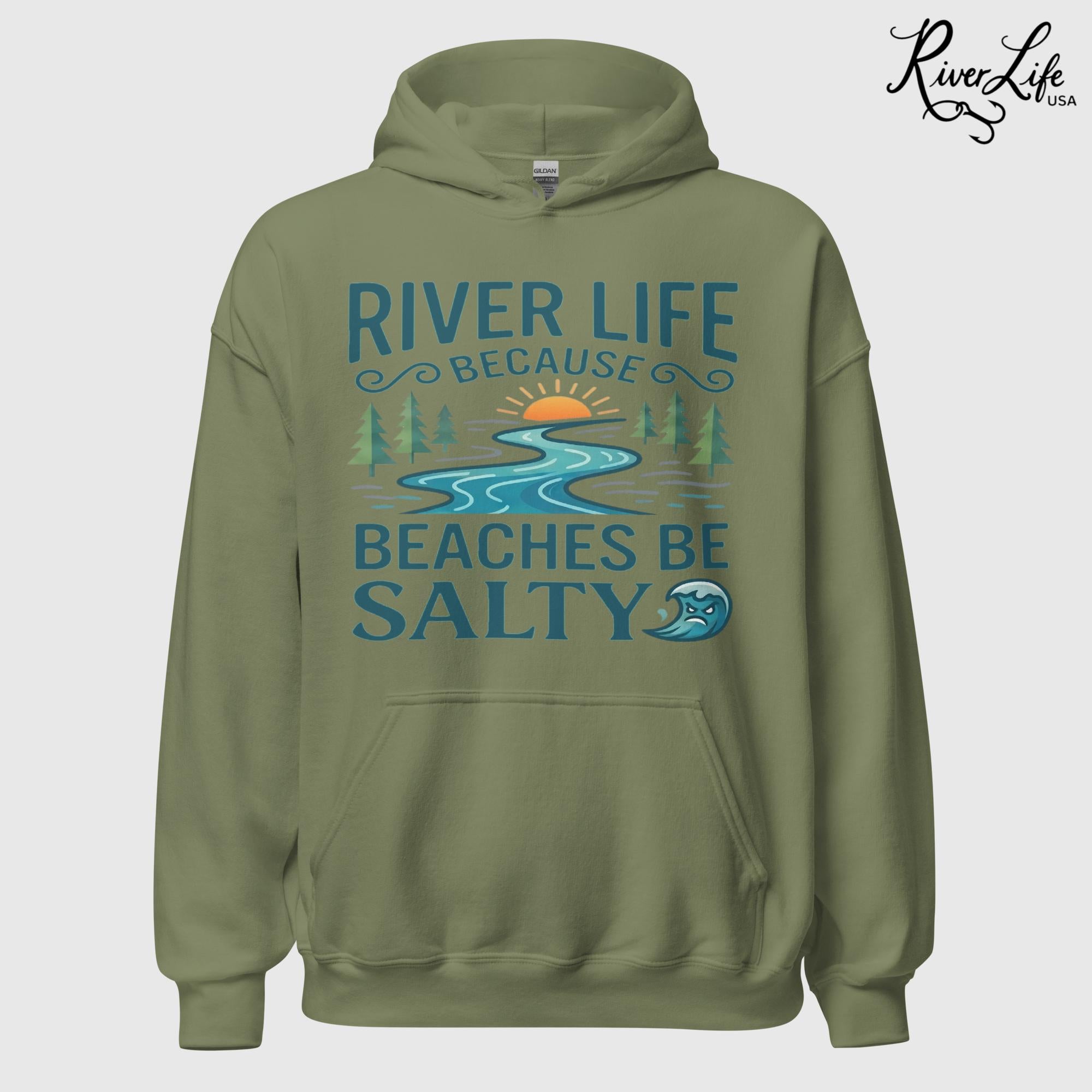 Beaches Be Salty | Womens Pullover Hoodie-Military Green-River Life USA