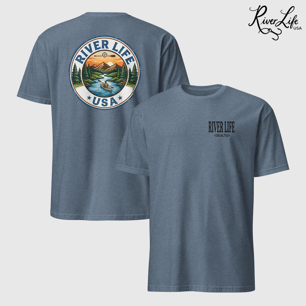 Circle Logo with Kayak | Short-Sleeve Unisex T-Shirt-Heather Indigo-River Life USA