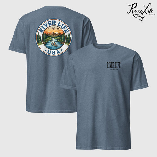 Circle Logo with Kayak | Short-Sleeve Unisex T-Shirt-Heather Indigo-River Life USA