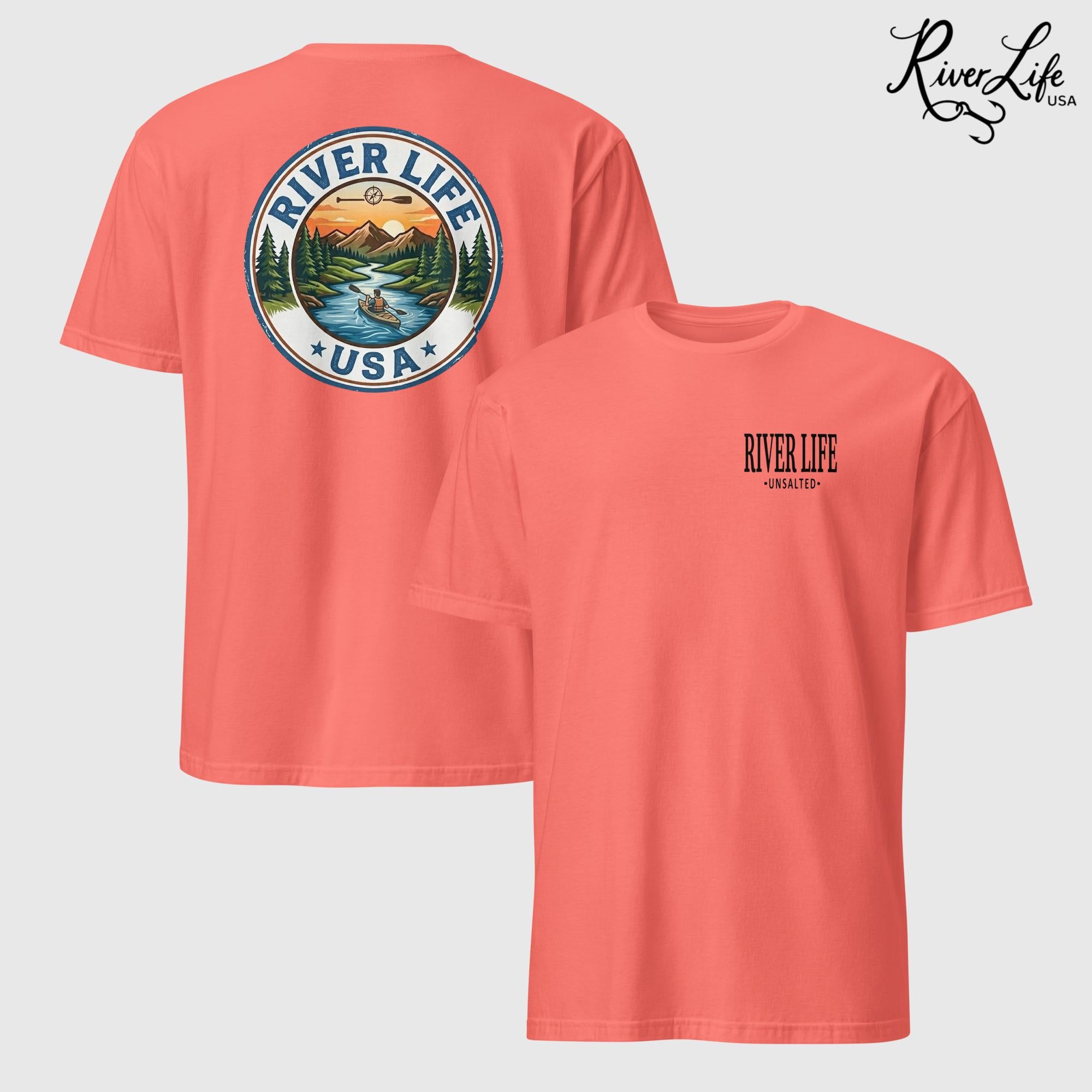 Circle Logo with Kayak | Short-Sleeve Unisex T-Shirt-Coral Silk-River Life USA