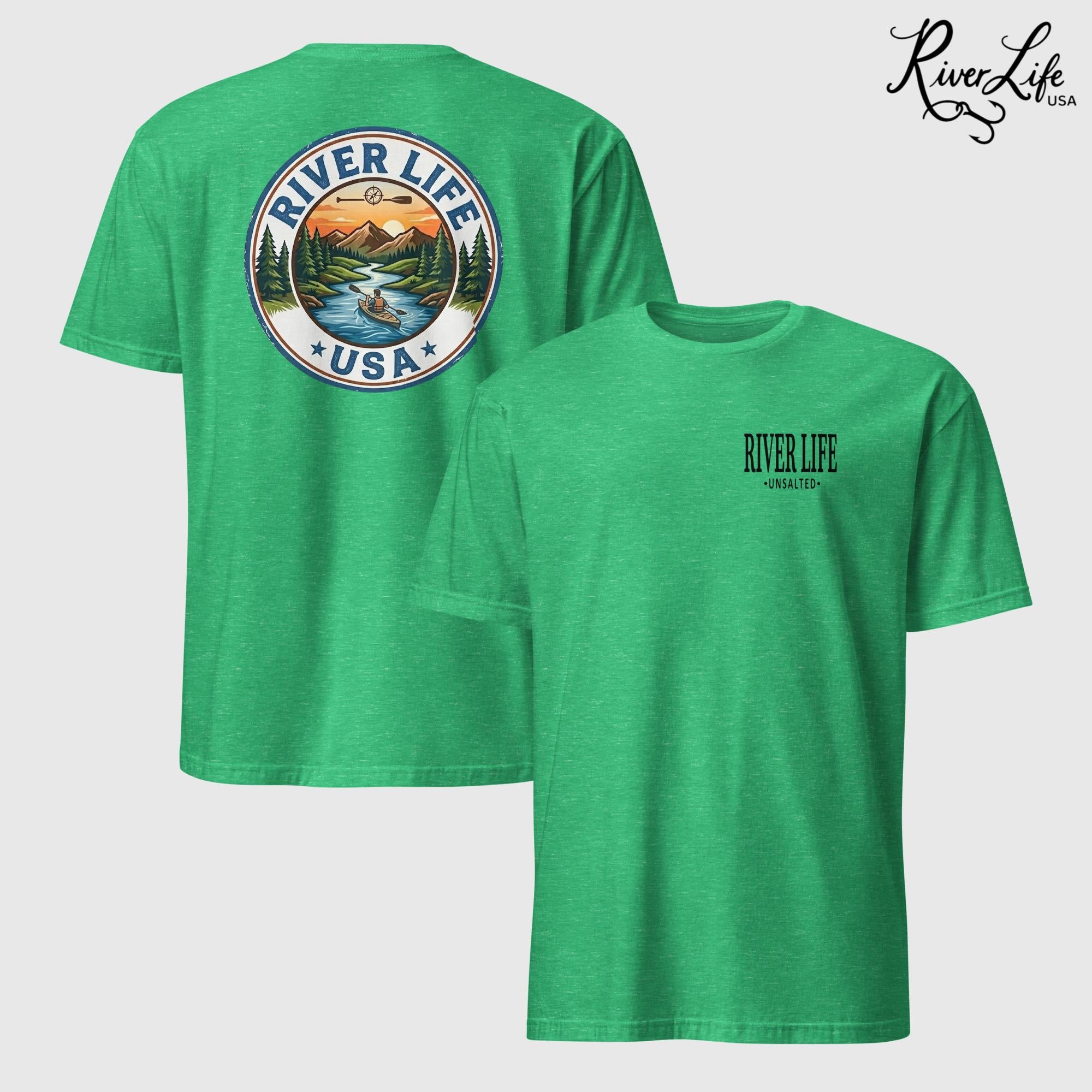 Circle Logo with Kayak | Short-Sleeve Unisex T-Shirt-Heather Irish Green-River Life USA