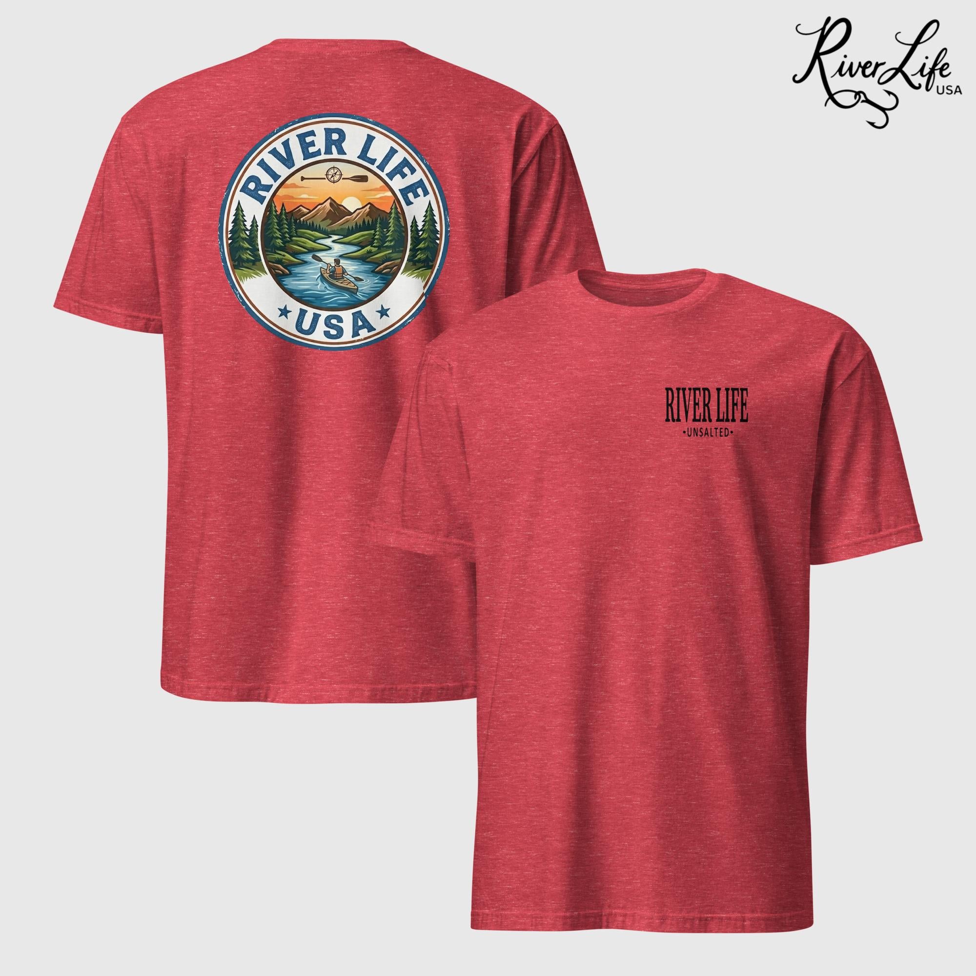 Circle Logo with Kayak | Short-Sleeve Unisex T-Shirt-Heather Red-River Life USA
