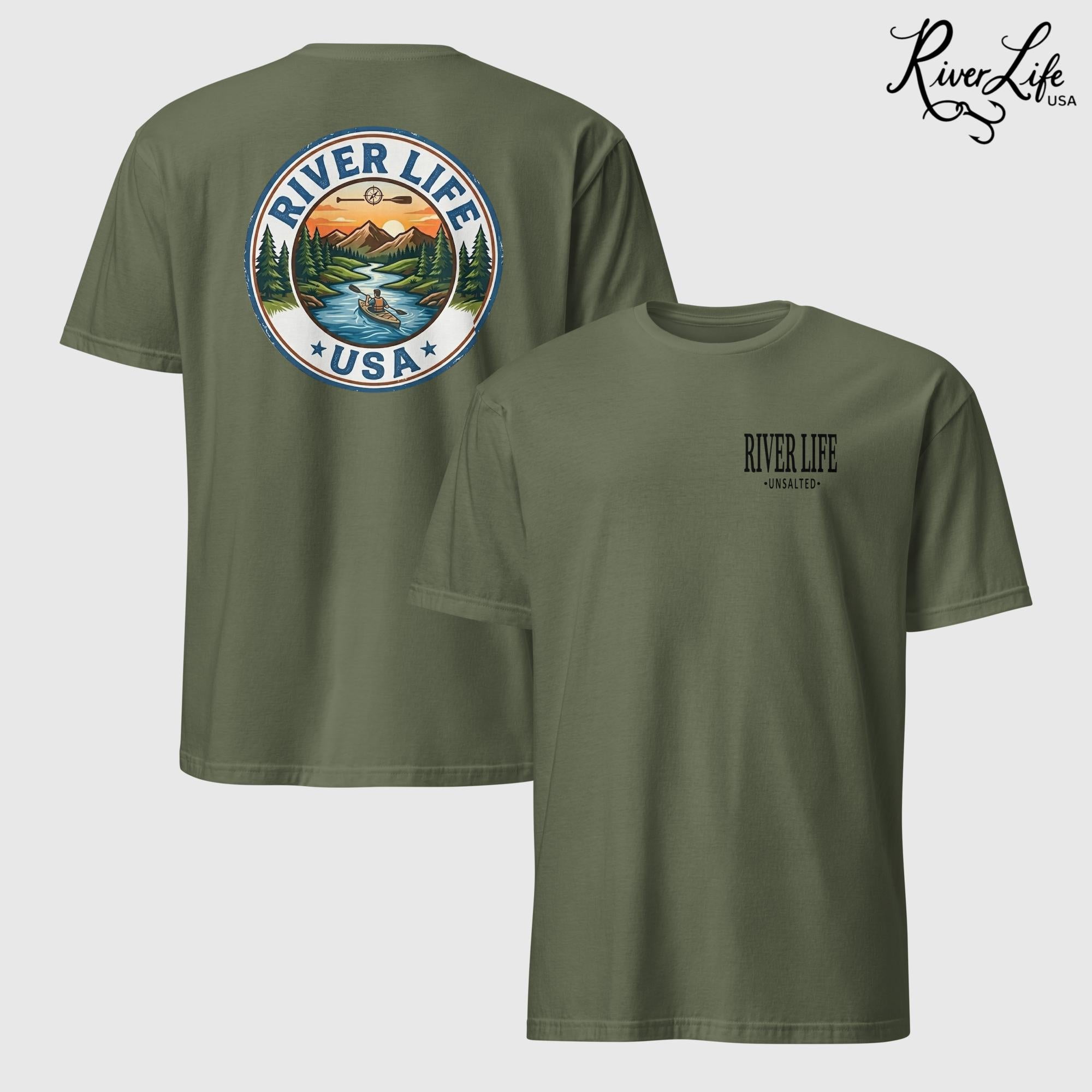 Circle Logo with Kayak | Short-Sleeve Unisex T-Shirt-Military Green-River Life USA