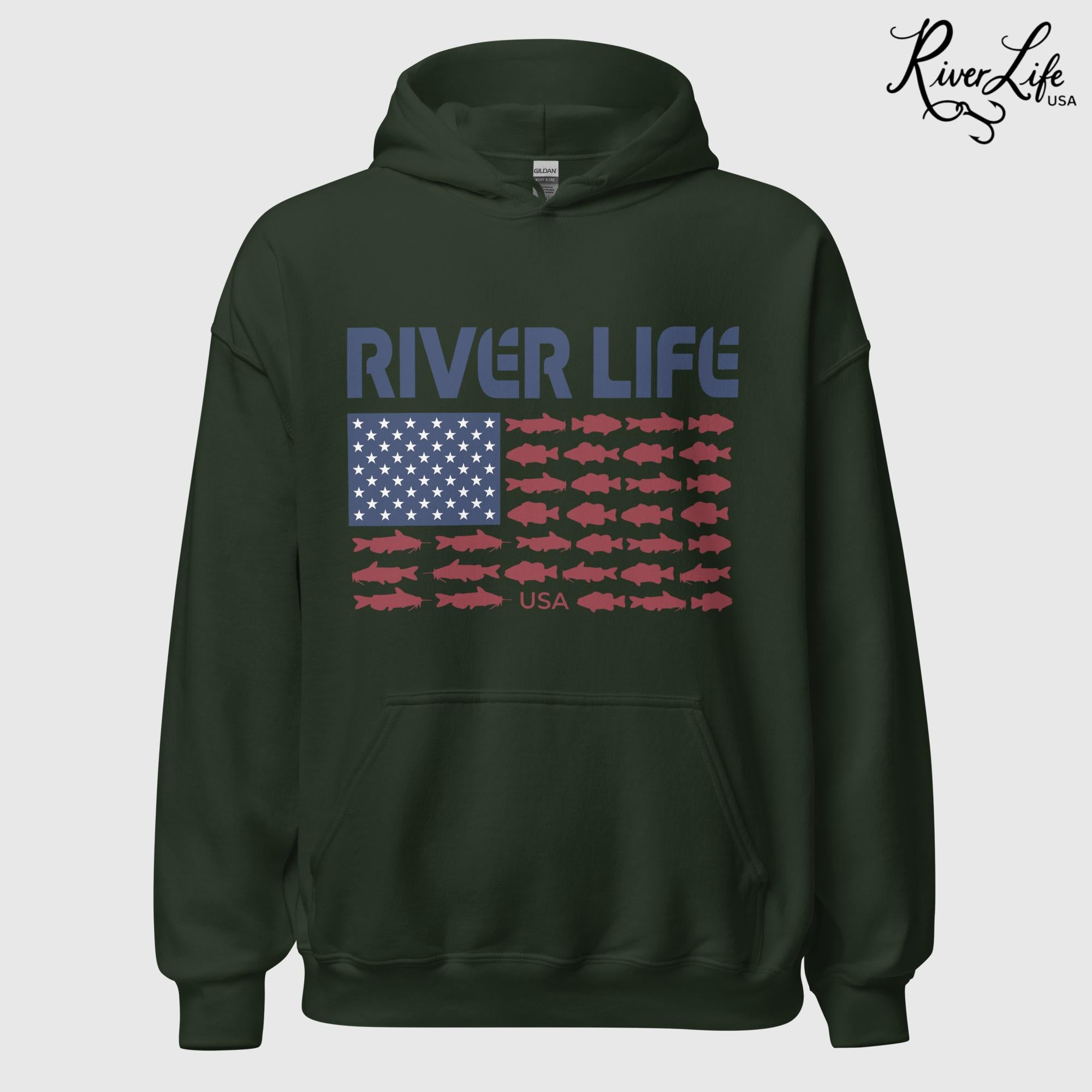 Fish Flag | Unisex Pullover Hoodie-Forest Green-River Life USA