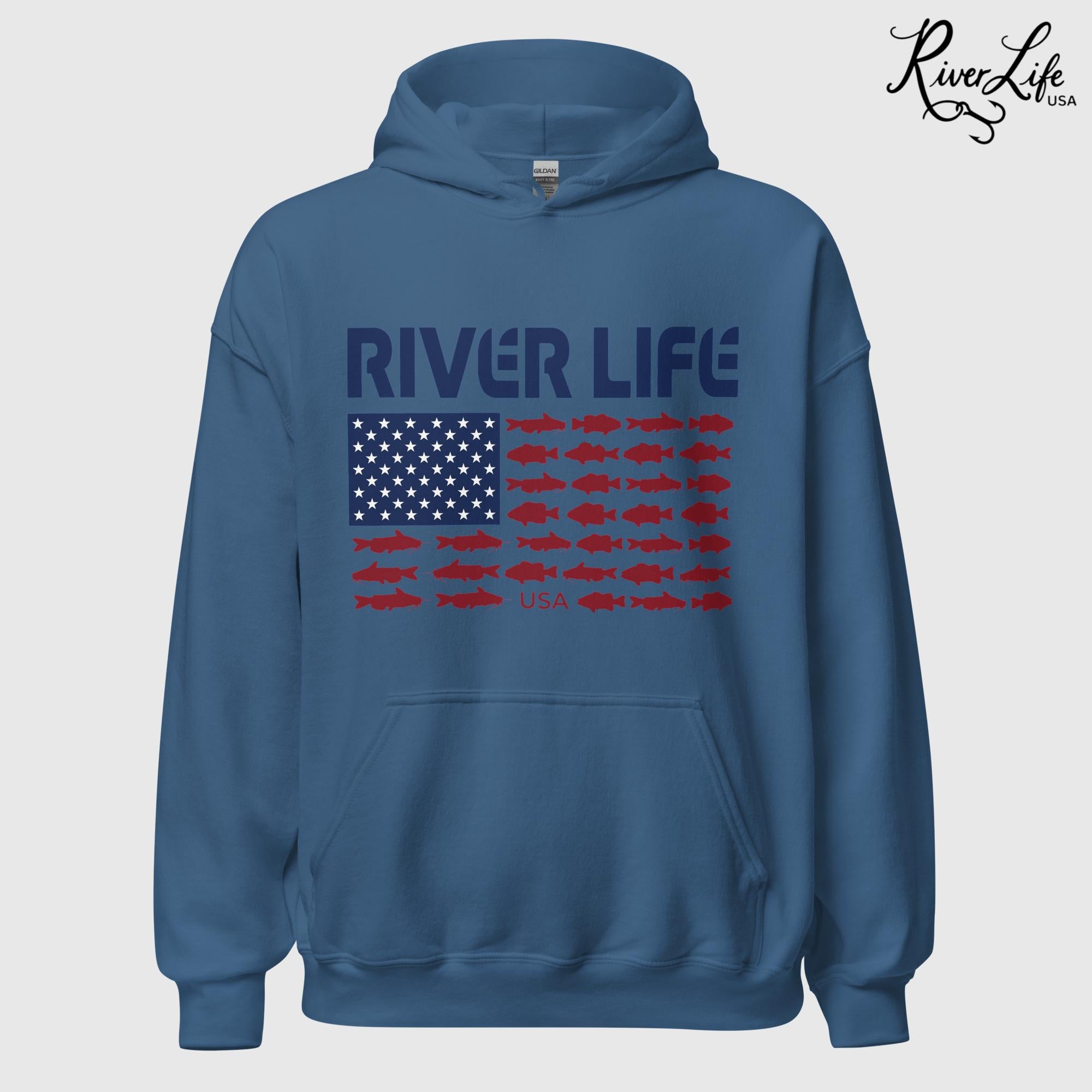 Fish Flag | Unisex Pullover Hoodie-Heather Indigo-River Life USA