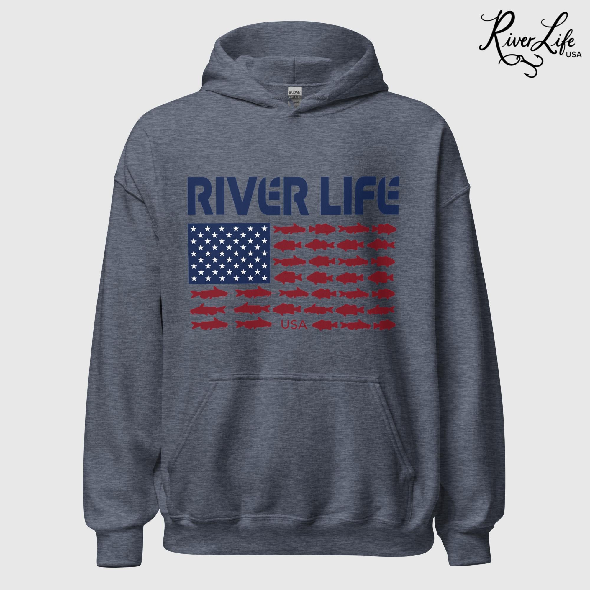 Fish Flag | Unisex Pullover Hoodie-Heather Navy-River Life USA