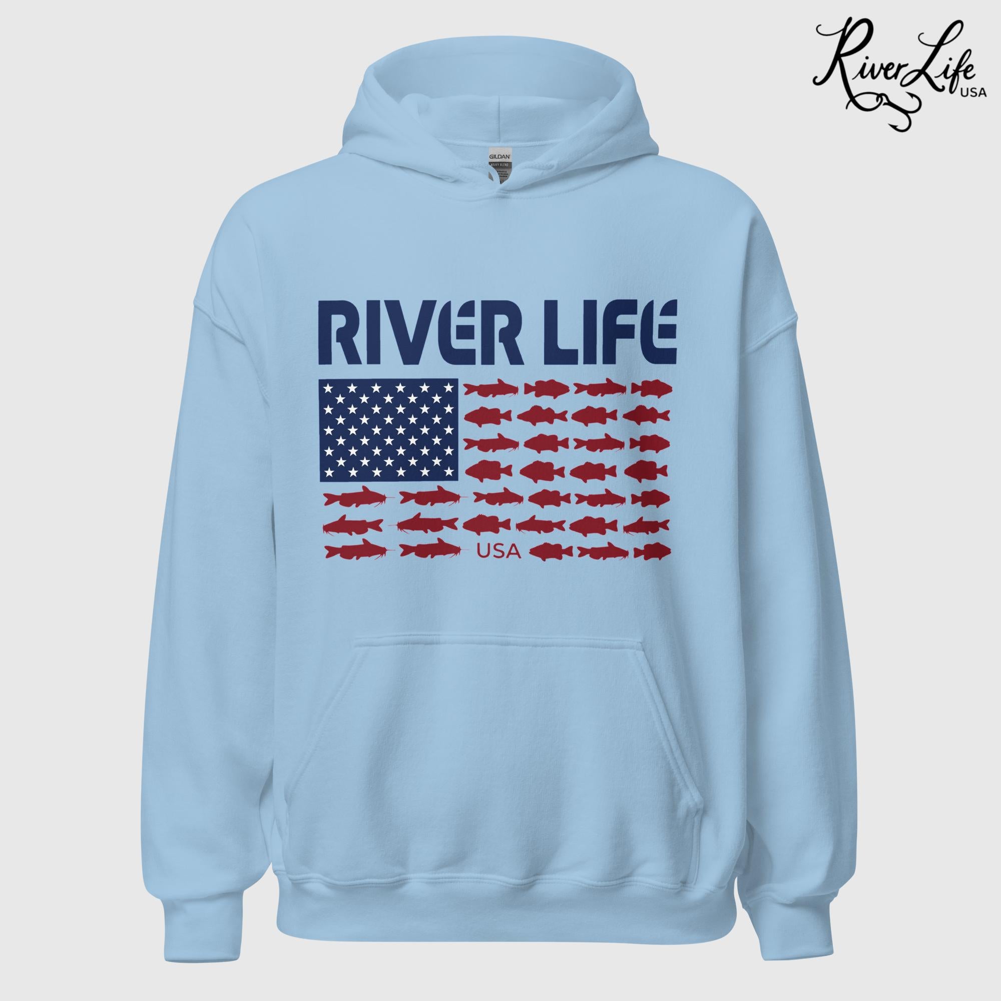 Fish Flag | Unisex Pullover Hoodie-Light Blue-River Life USA