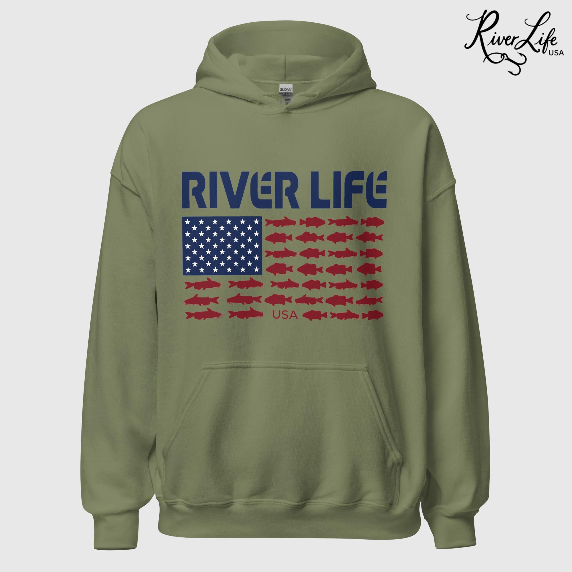 Fish Flag | Unisex Pullover Hoodie-Military Green-River Life USA