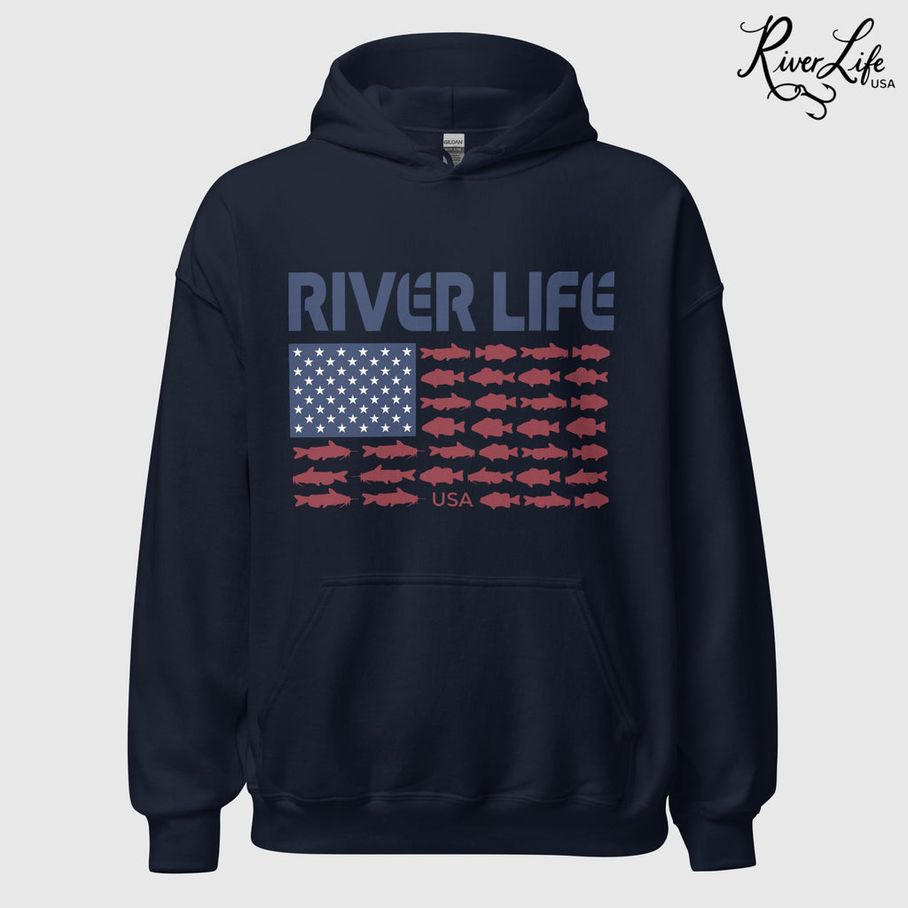 Fish Flag | Unisex Pullover Hoodie-Navy-River Life USA