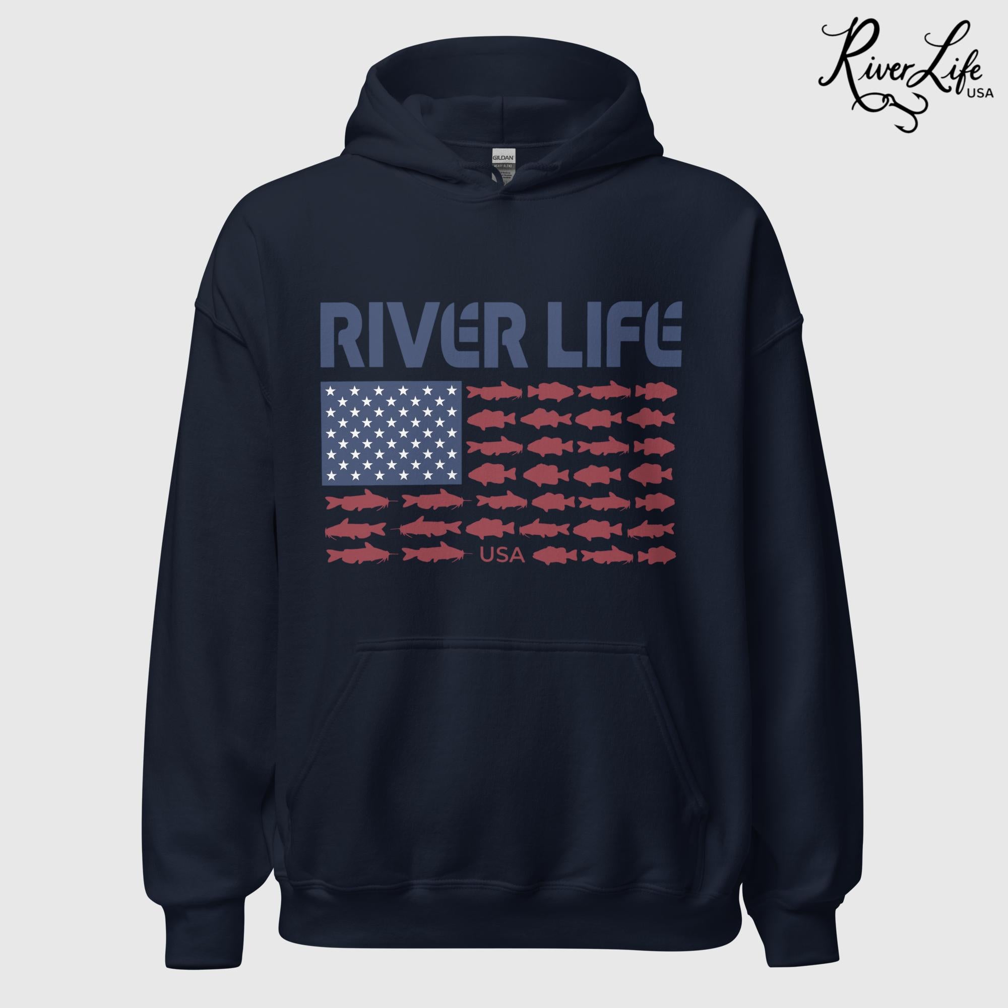 Fish Flag | Unisex Pullover Hoodie-Navy-River Life USA