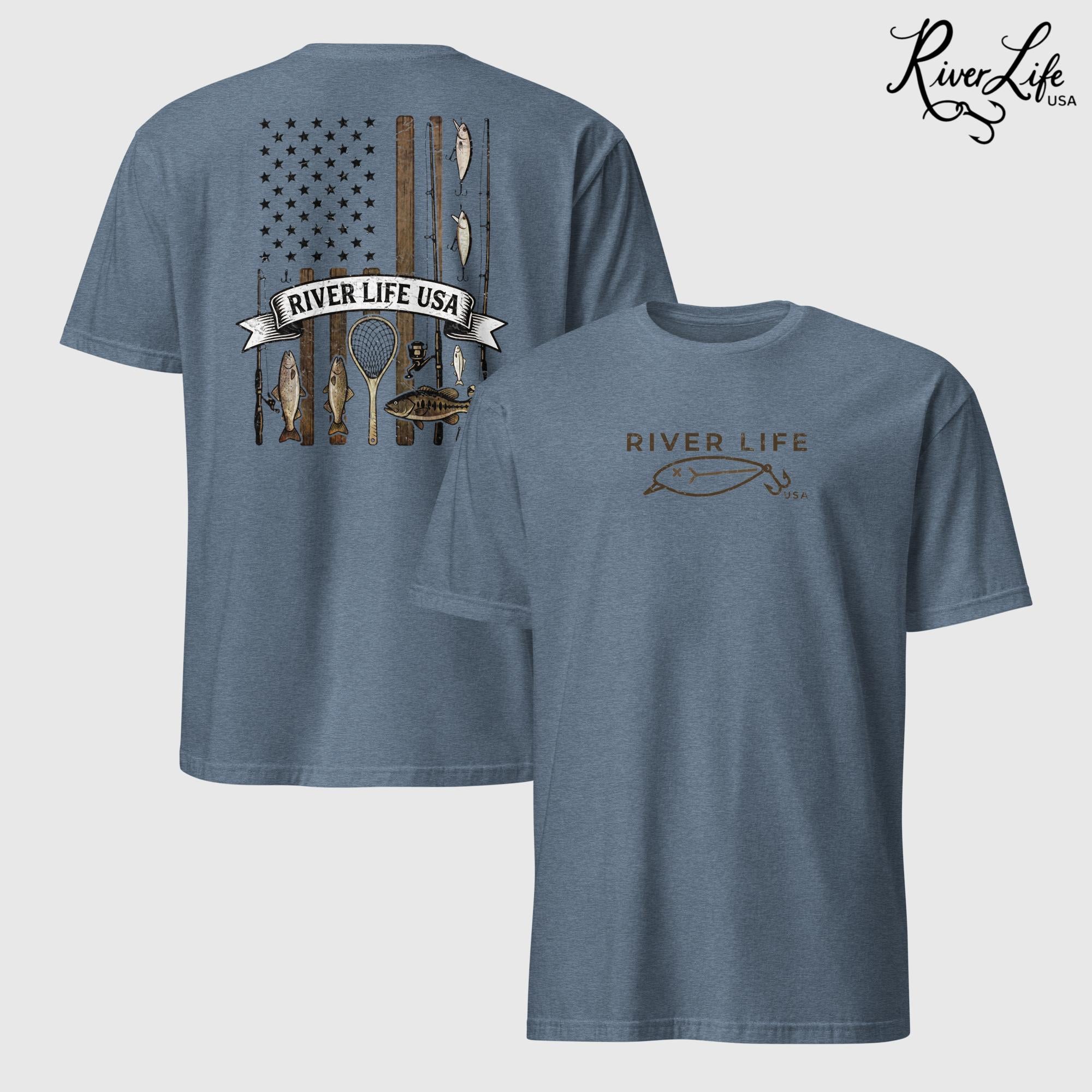 Fishing Gear Flag | Short-Sleeve Unisex T-Shirt-Heather Indigo-River Life USA
