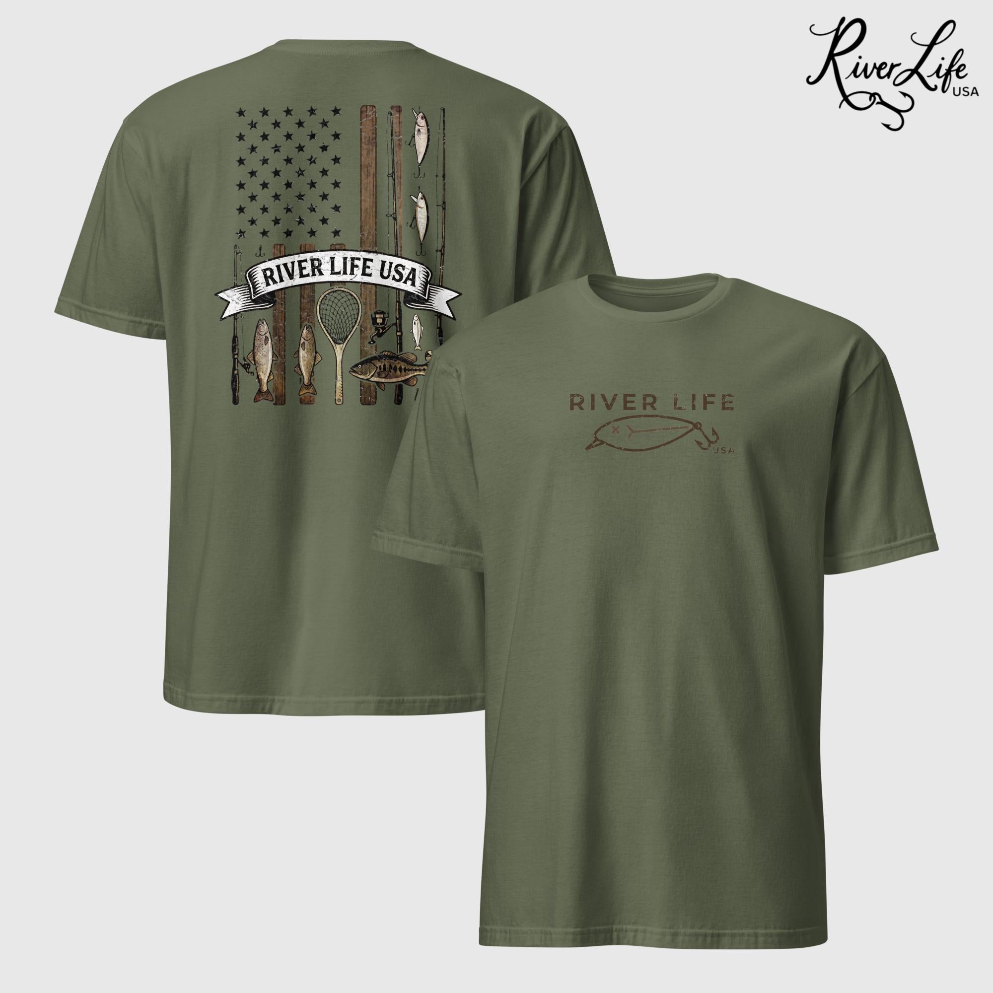 Fishing Gear Flag | Short-Sleeve Unisex T-Shirt-Military Green-River Life USA