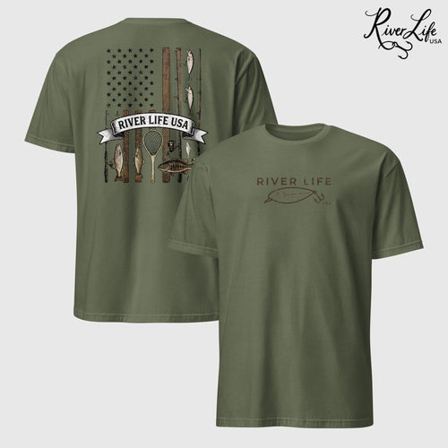 Fishing Gear Flag | Short-Sleeve Unisex T-Shirt-Military Green-River Life USA