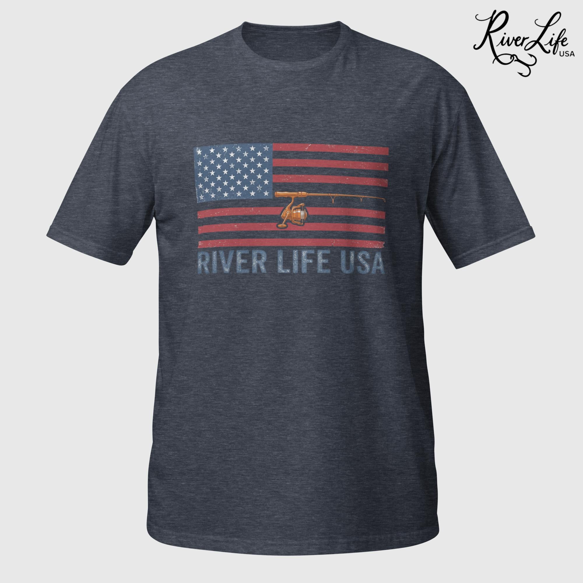 Flag and Rod | Short-Sleeve Unisex T-Shirt-Heather Navy-River Life USA