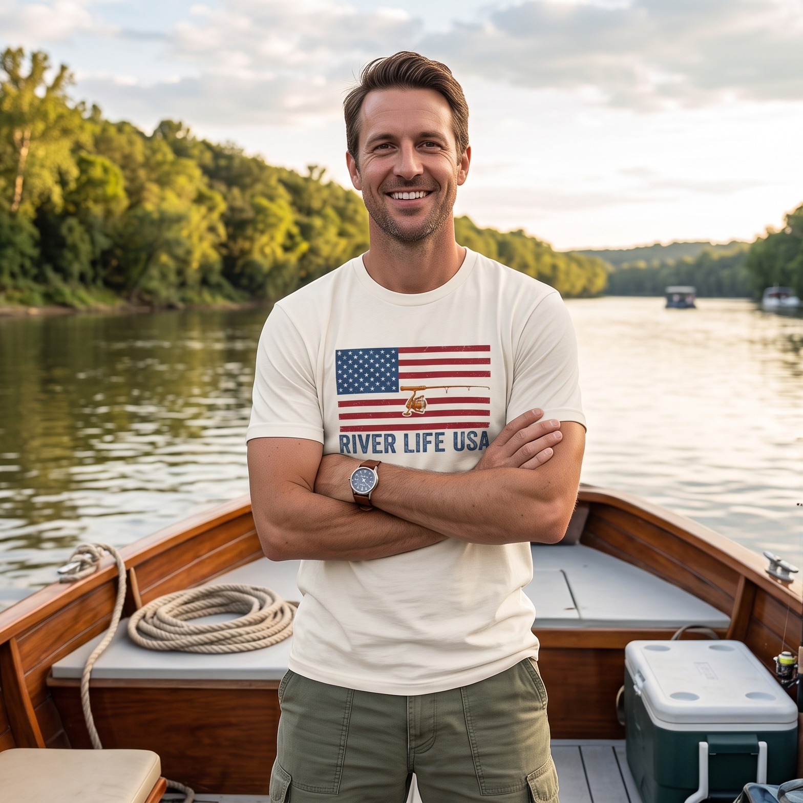 Flag and Rod | Short-Sleeve Unisex T-Shirt-Natural-River Life USA