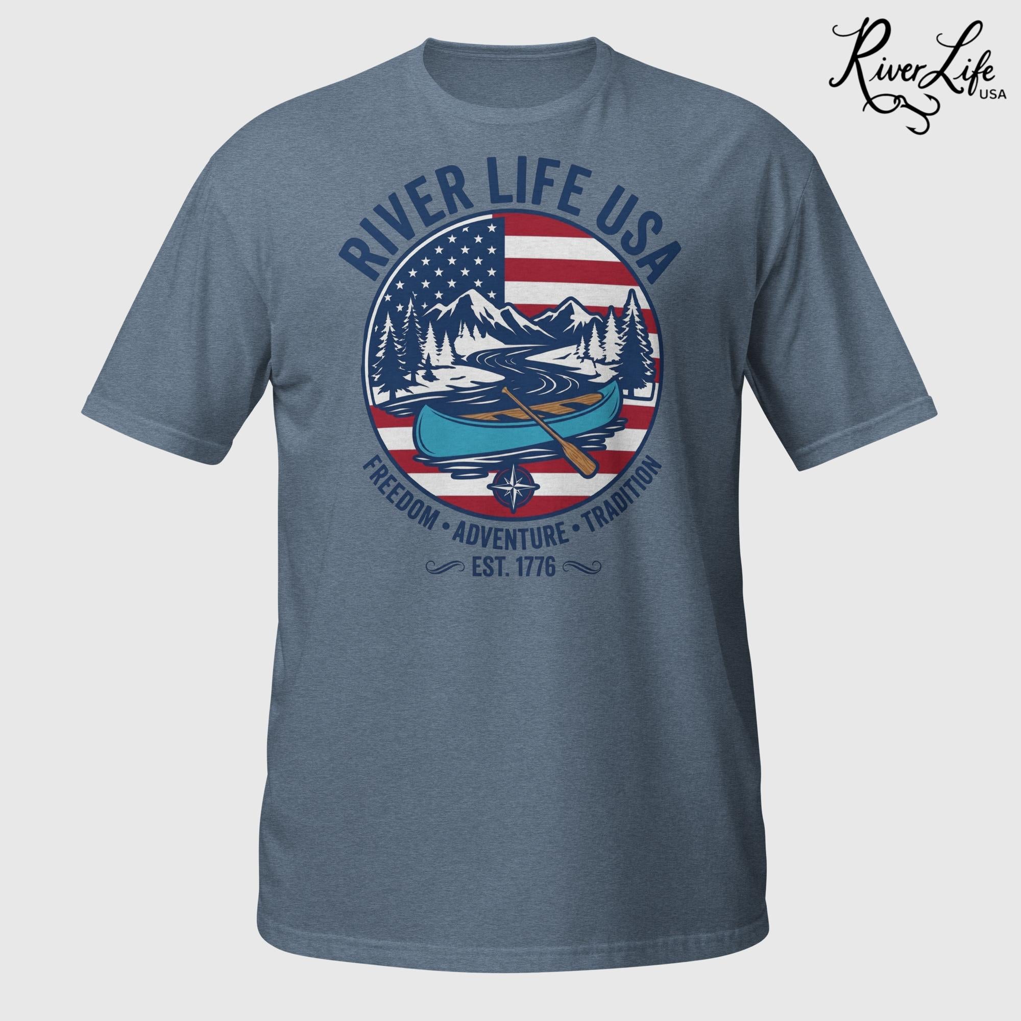 Freedom Adventure Tradition | Short-Sleeve Unisex T-Shirt-Heather Indigo-River Life USA
