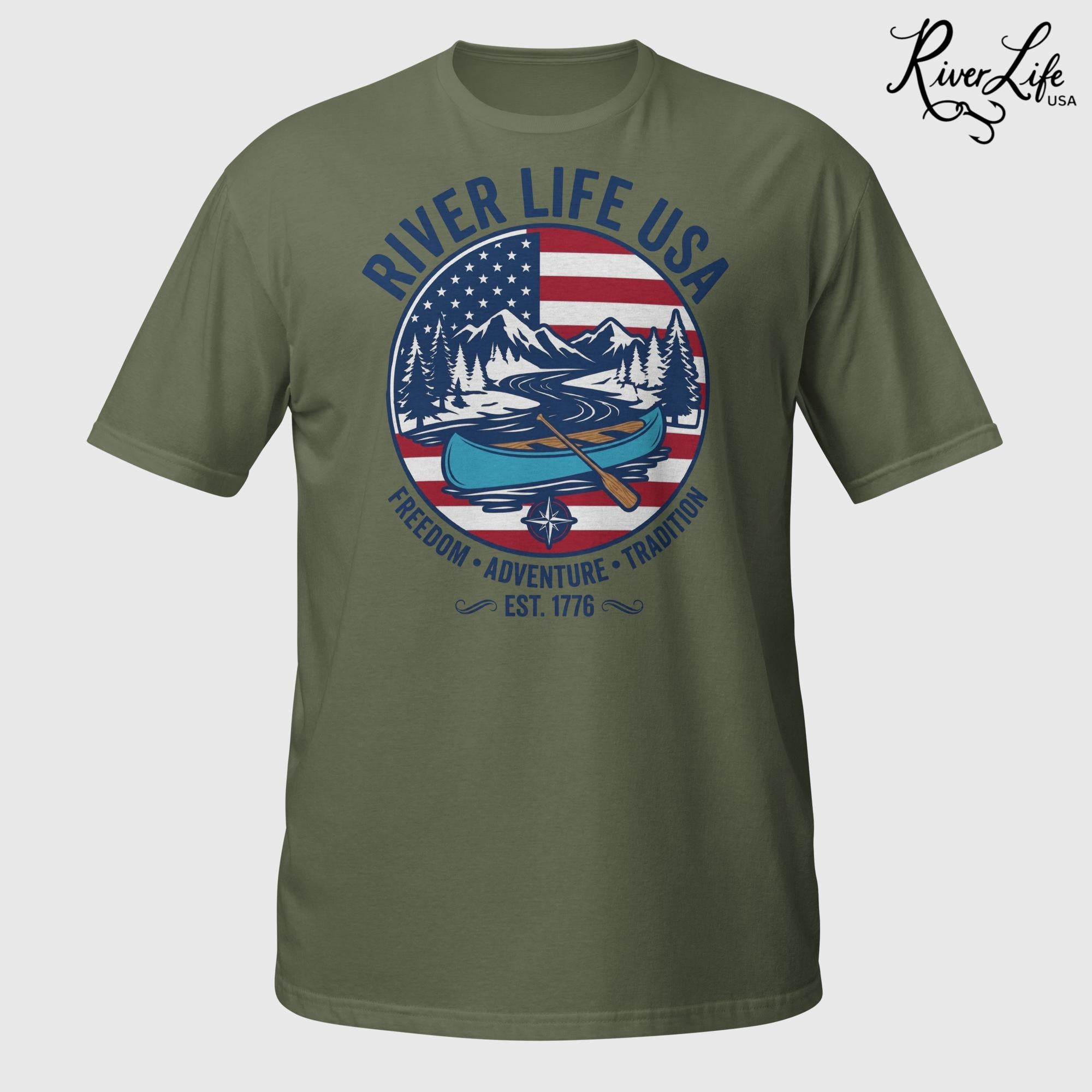 Freedom Adventure Tradition | Short-Sleeve Unisex T-Shirt-Military Green-River Life USA