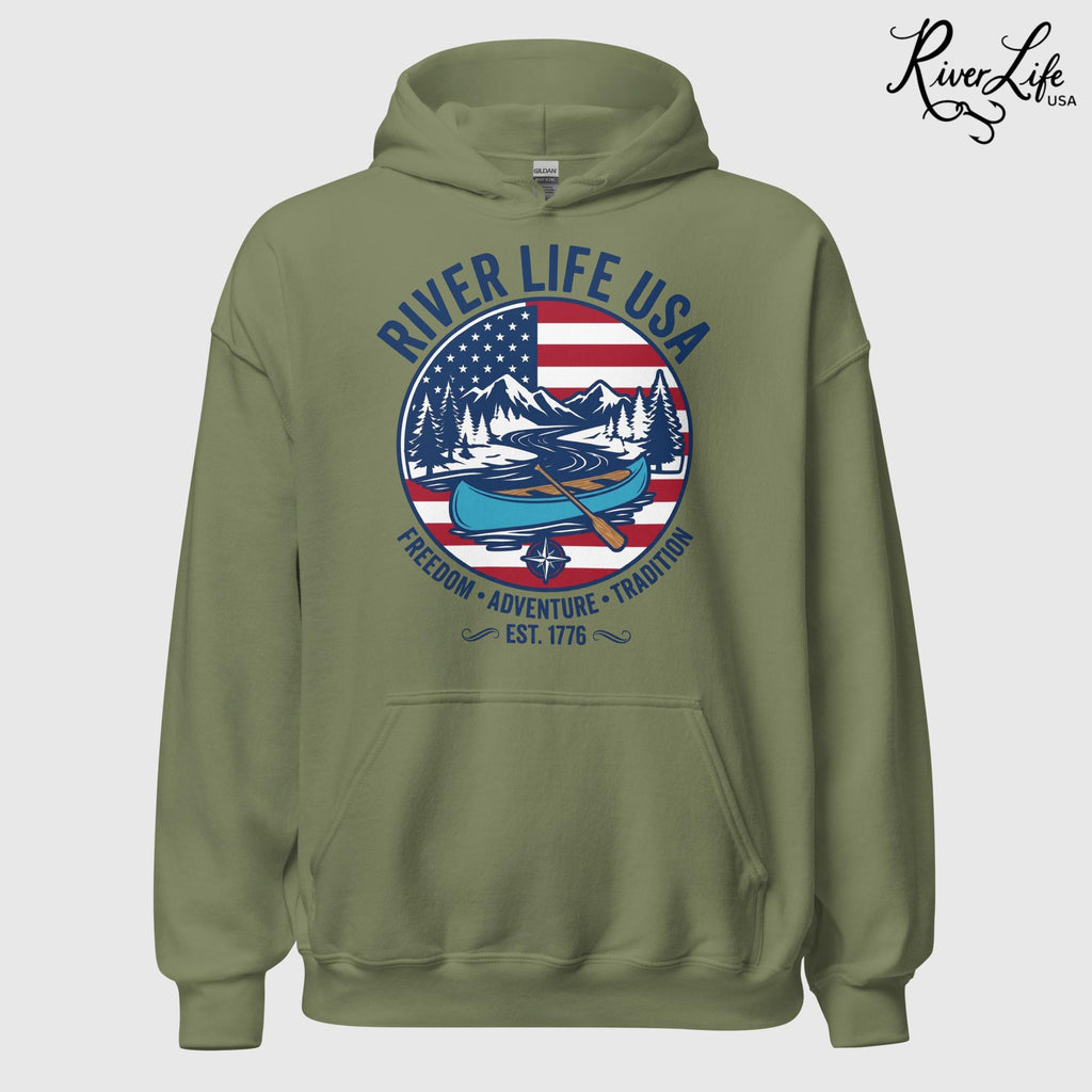 Freedom Adventure Tradition | Unisex Pullover Hoodie-Military Green-River Life USA