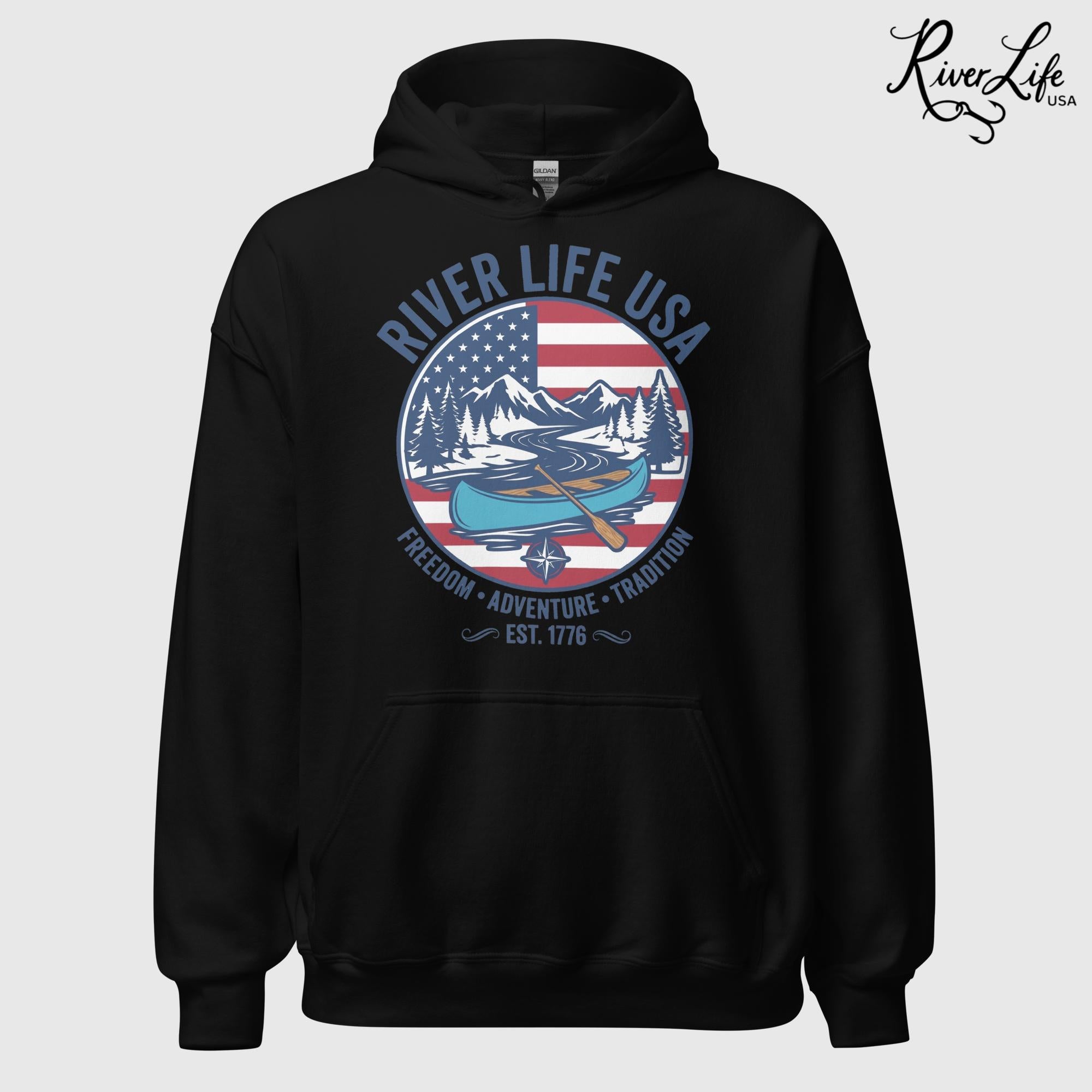 Freedom Adventure Tradition | Unisex Pullover Hoodie-Black-River Life USA