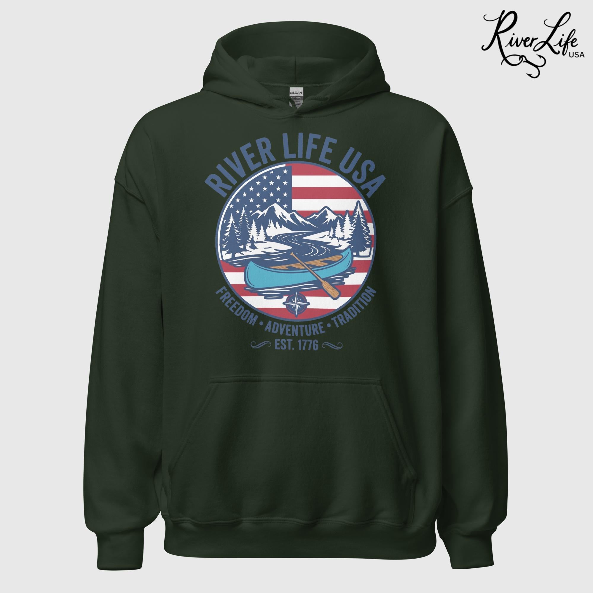 Freedom Adventure Tradition | Unisex Pullover Hoodie-Forest Green-River Life USA