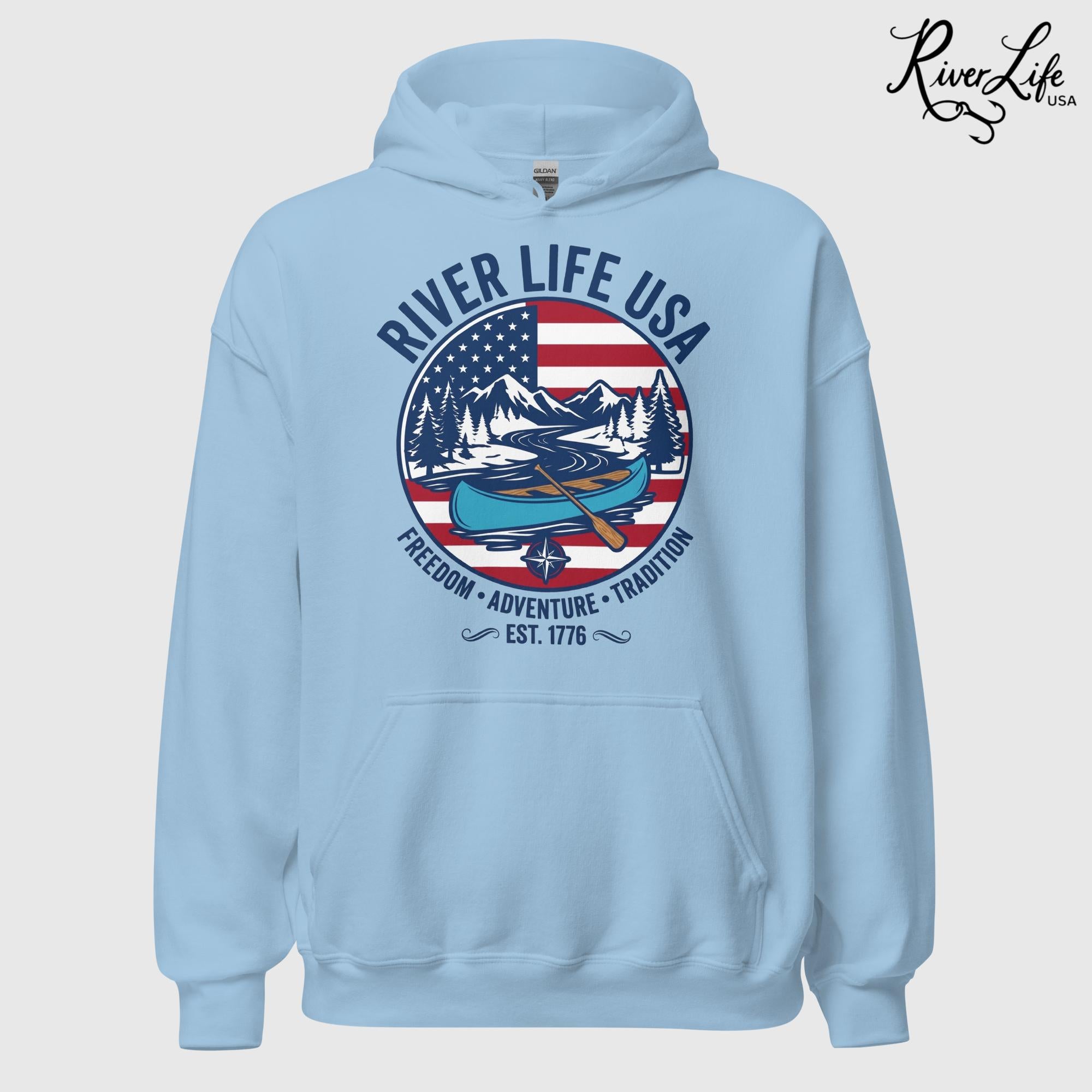 Freedom Adventure Tradition | Unisex Pullover Hoodie-Light Blue-River Life USA