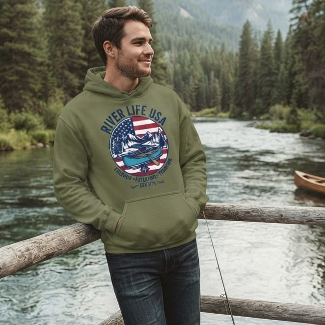 Freedom Adventure Tradition | Unisex Pullover Hoodie-Military Green-River Life USA