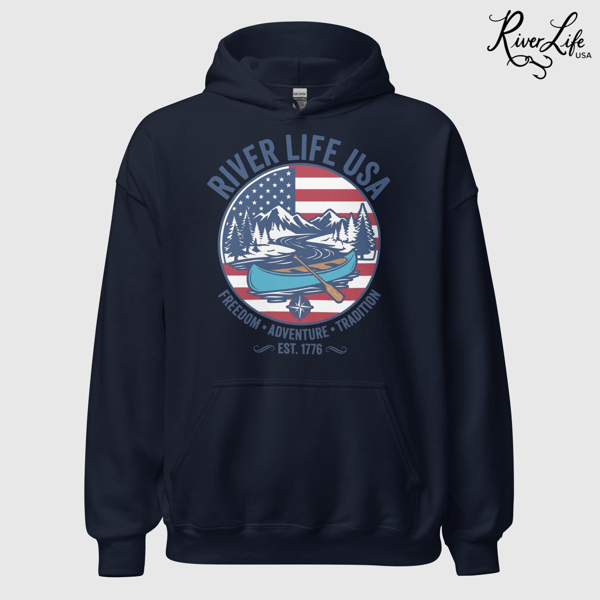 Freedom Adventure Tradition | Unisex Pullover Hoodie-Navy-River Life USA