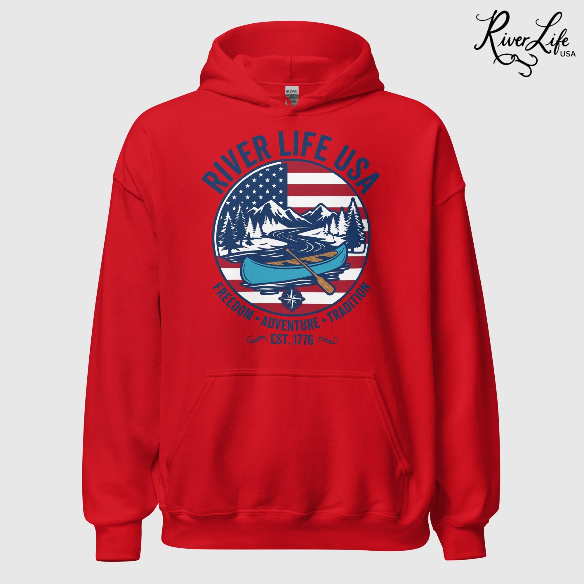 Freedom Adventure Tradition | Unisex Pullover Hoodie-Red-River Life USA