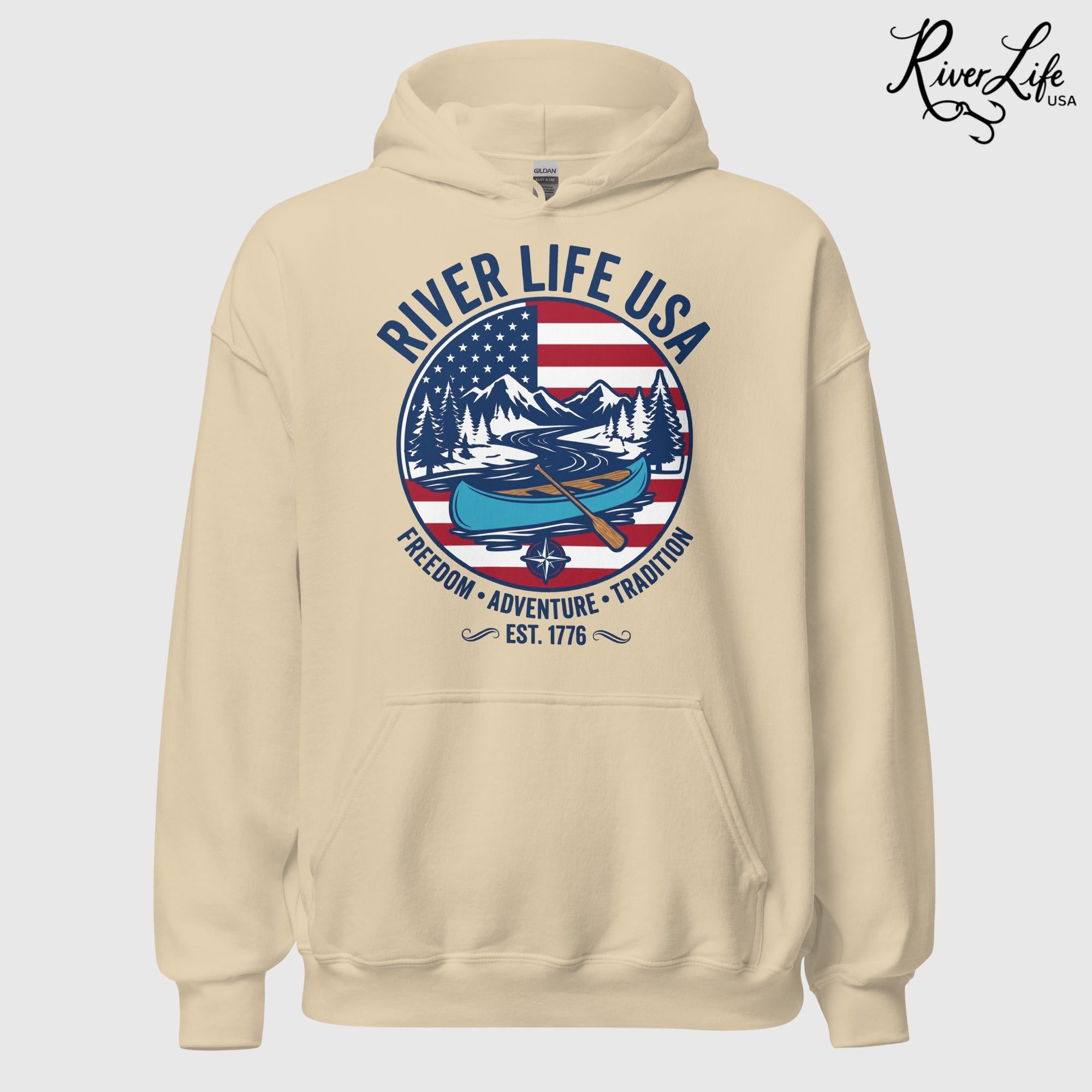 Freedom Adventure Tradition | Unisex Pullover Hoodie-Sand-River Life USA