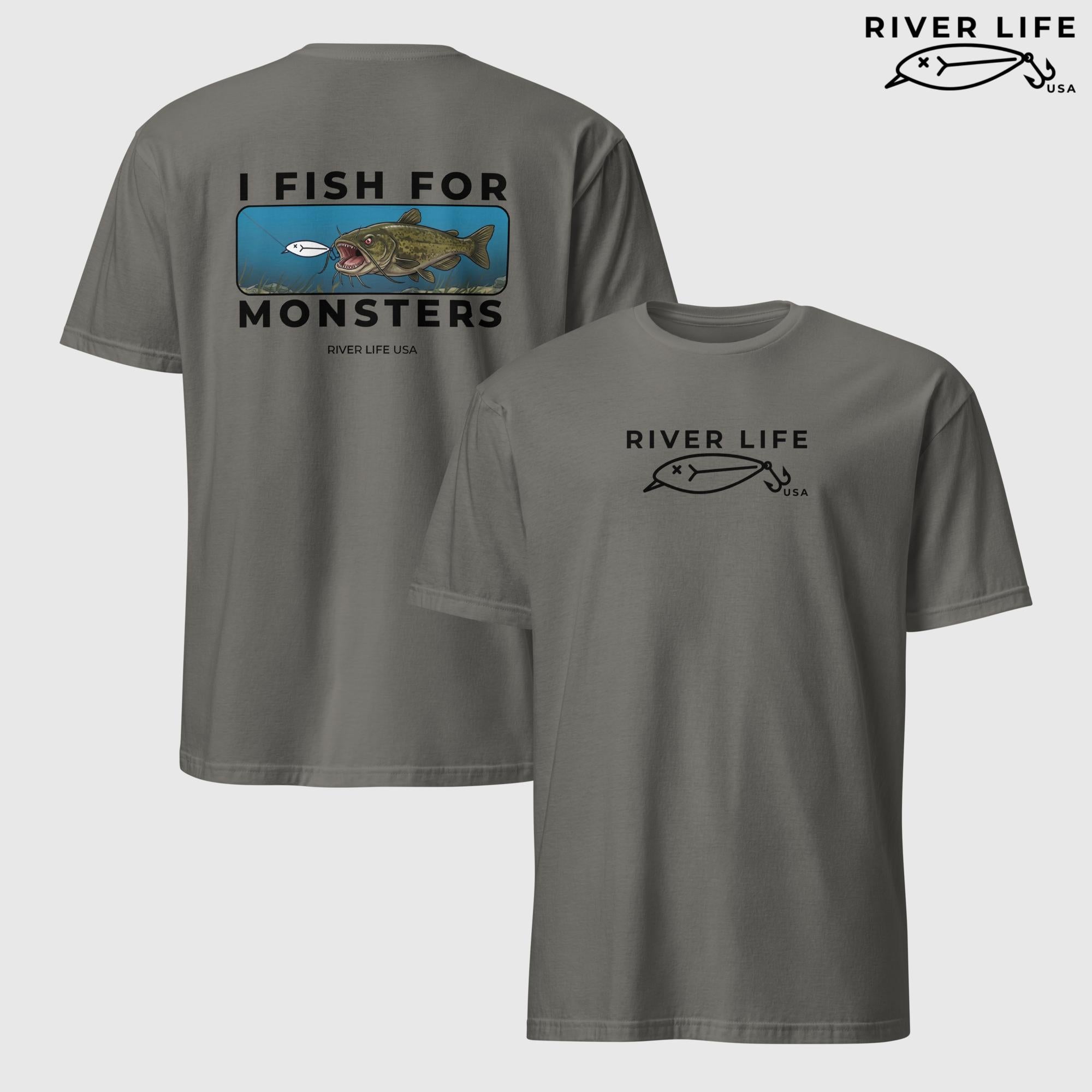 I Fish For Monsters - Catfish (black print) | Short-Sleeve Unisex T-Shirt-Charcoal-River Life USA