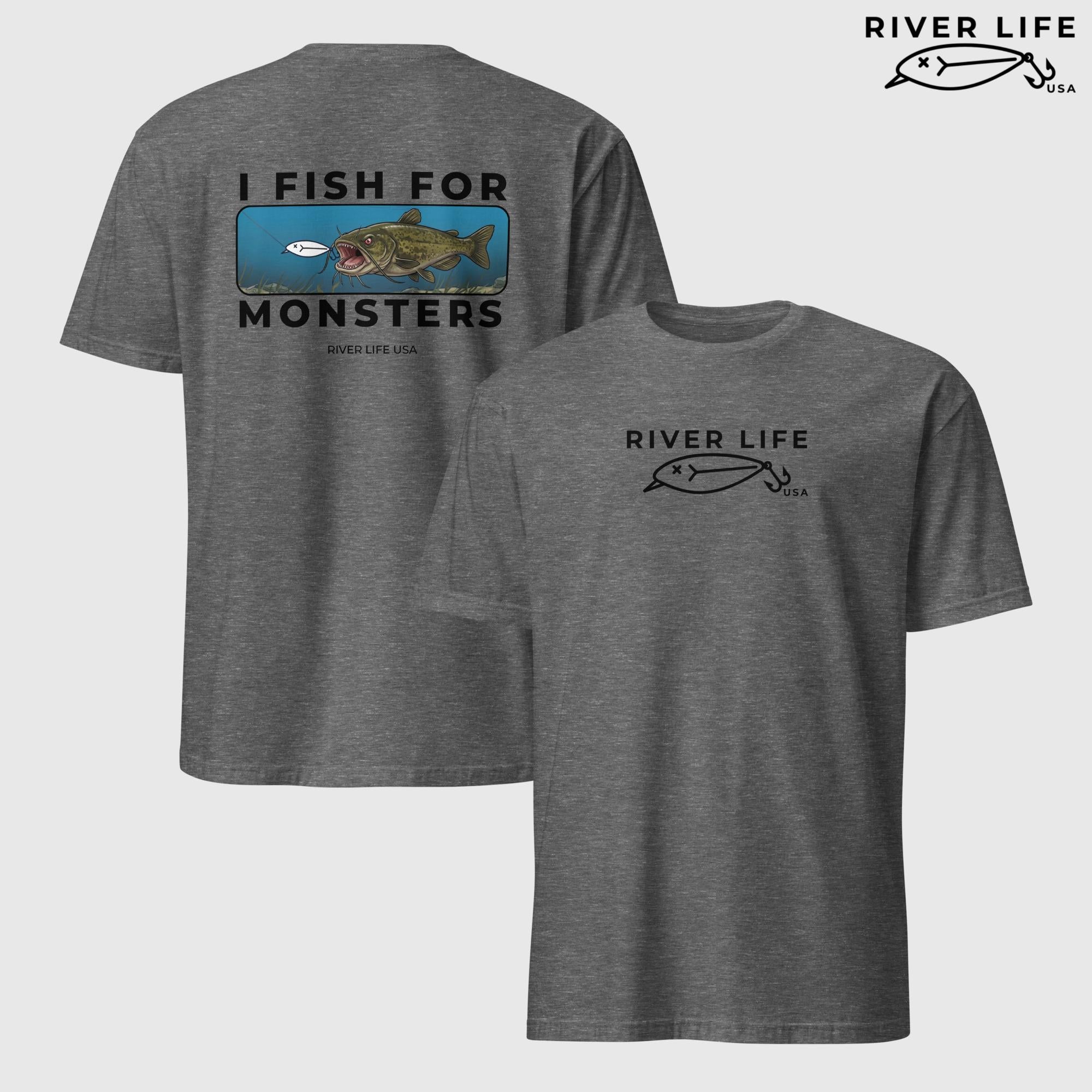 I Fish For Monsters - Catfish (black print) | Short-Sleeve Unisex T-Shirt-Graphite Heather-River Life USA