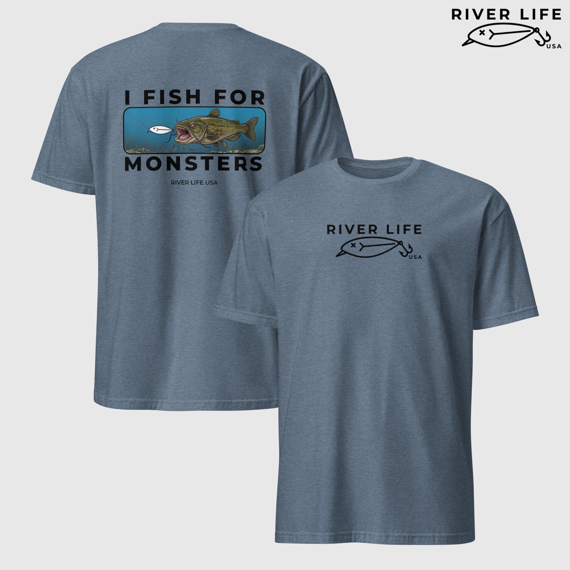 I Fish For Monsters - Catfish (black print) | Short-Sleeve Unisex T-Shirt-Heather Indigo-River Life USA
