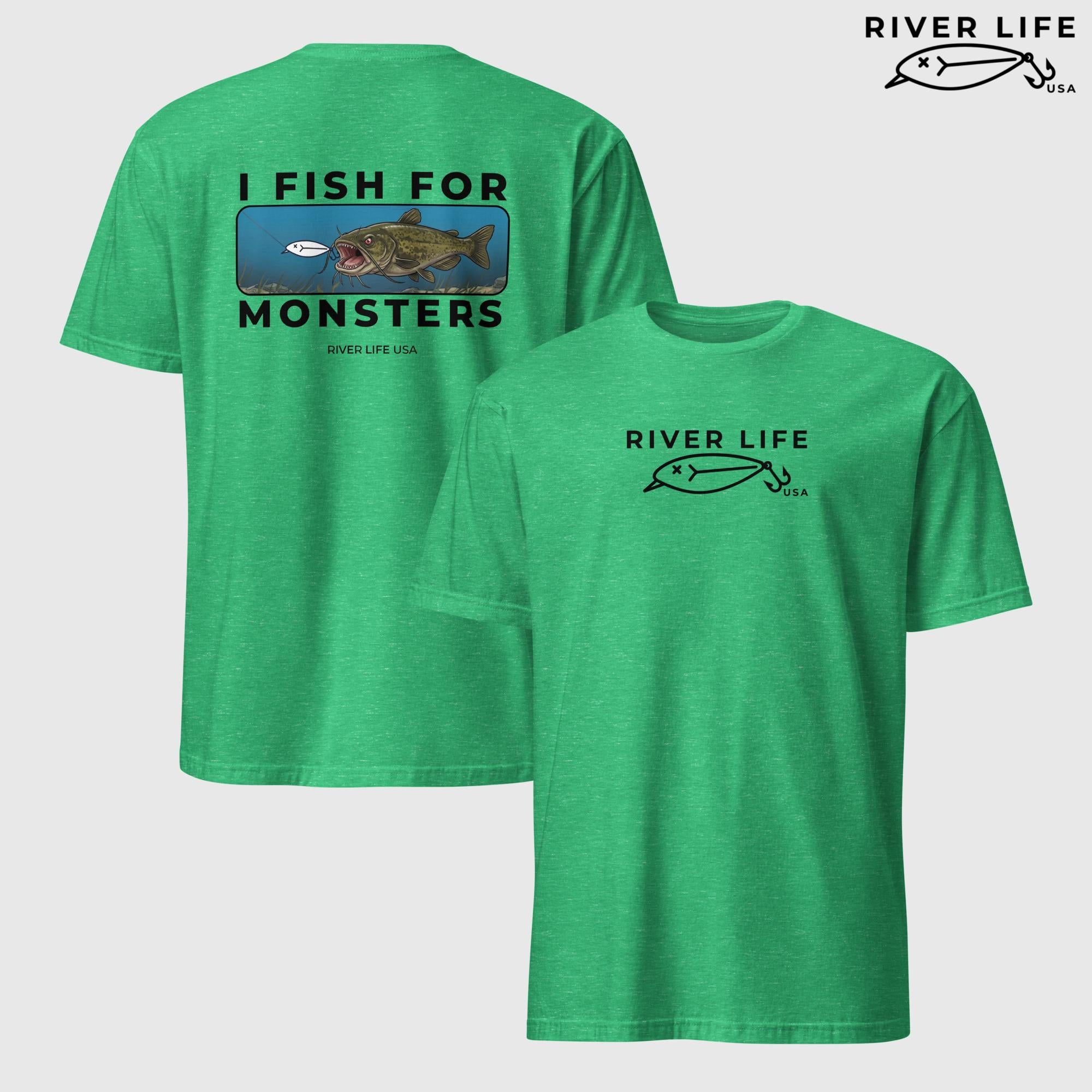 I Fish For Monsters - Catfish (black print) | Short-Sleeve Unisex T-Shirt-Heather Irish Green-River Life USA