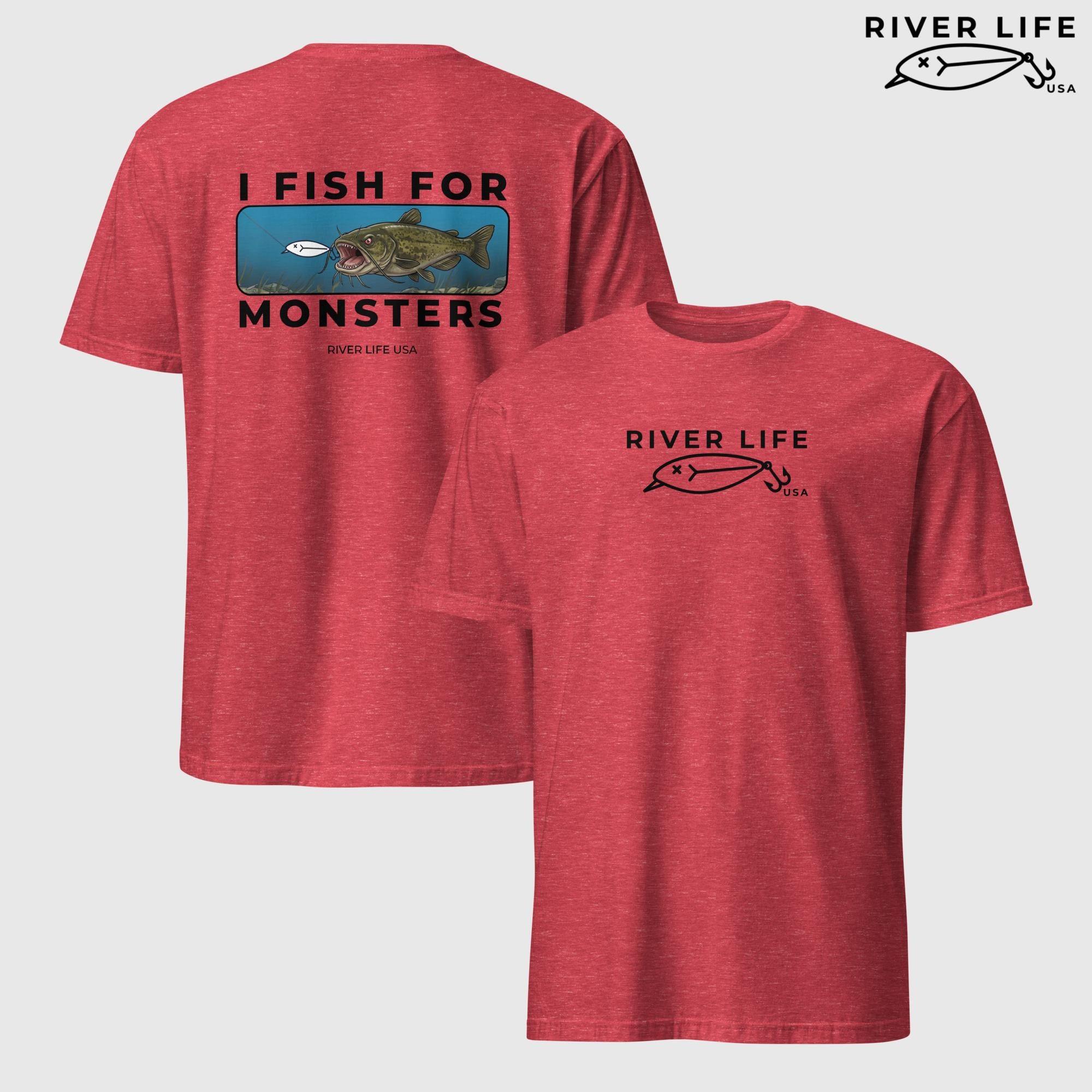 I Fish For Monsters - Catfish (black print) | Short-Sleeve Unisex T-Shirt-Heather Red-River Life USA