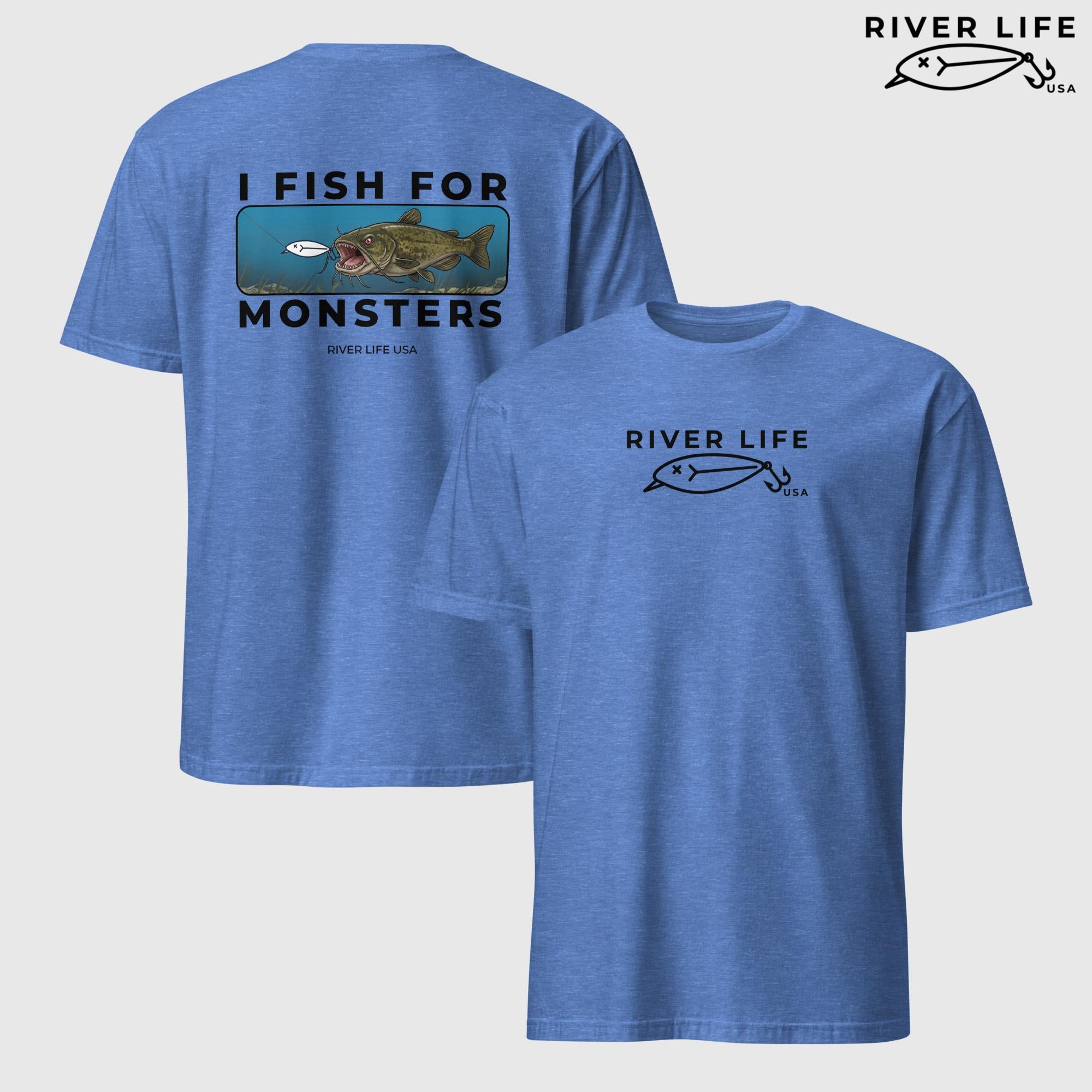 I Fish For Monsters - Catfish (black print) | Short-Sleeve Unisex T-Shirt-Heather Royal-River Life USA