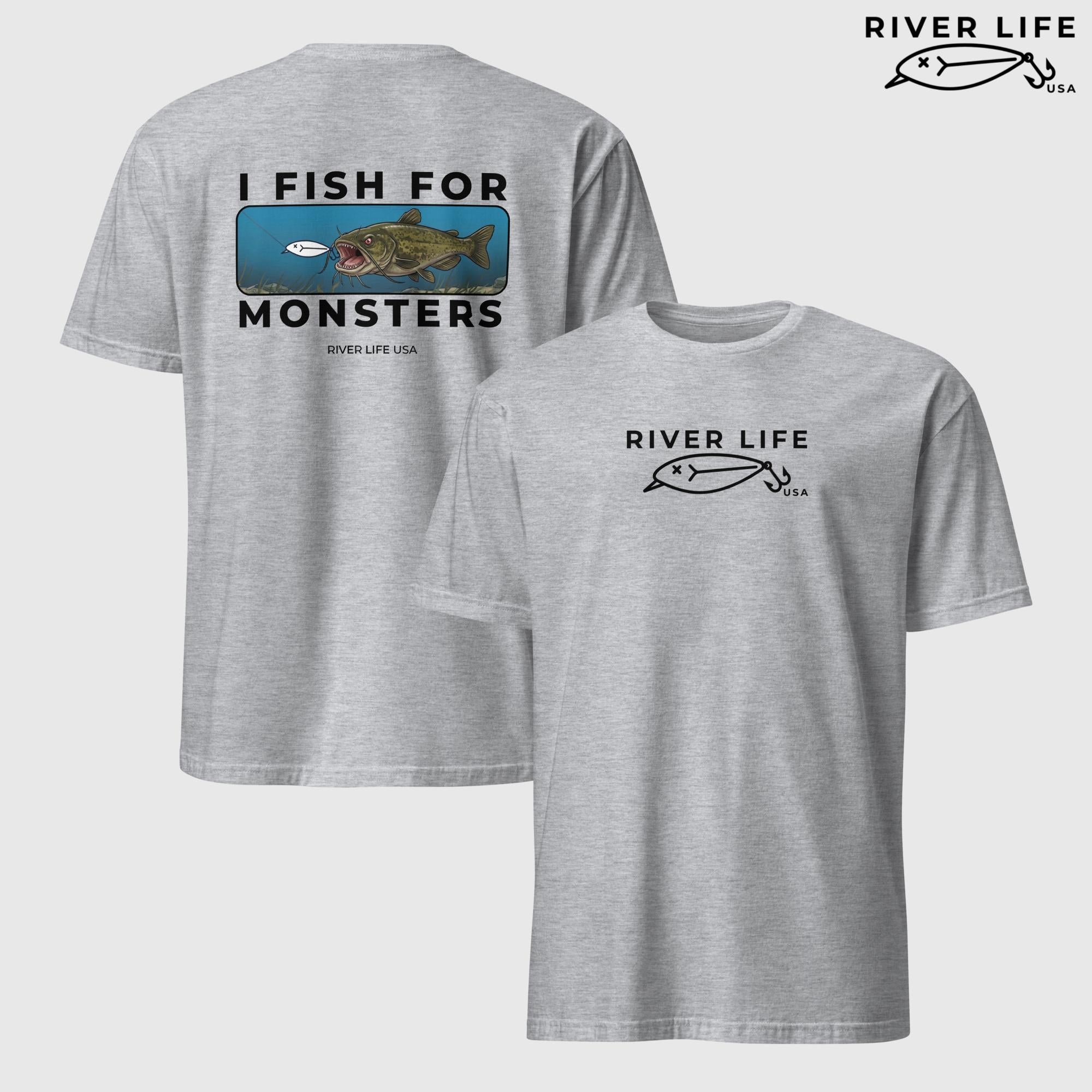 I Fish For Monsters - Catfish (black print) | Short-Sleeve Unisex T-Shirt-Sport Grey-River Life USA
