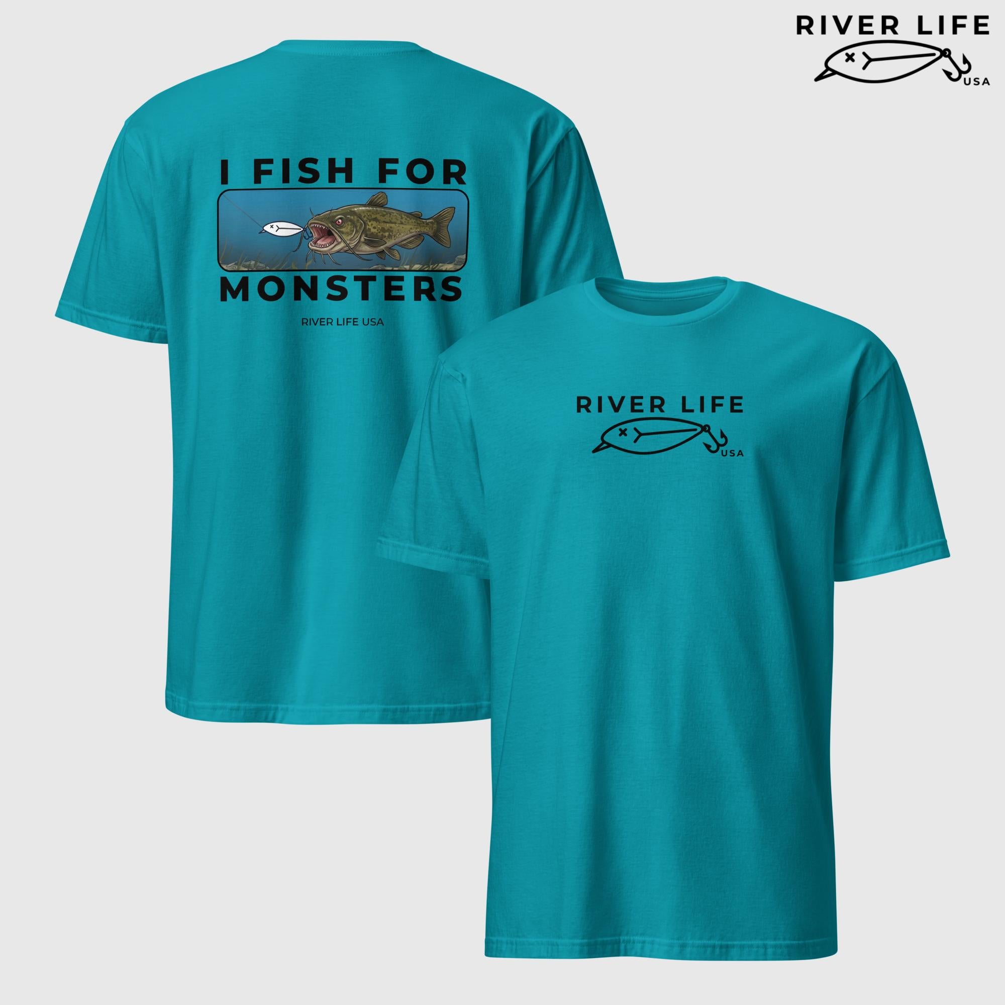 I Fish For Monsters - Catfish (black print) | Short-Sleeve Unisex T-Shirt-Tropical Blue-River Life USA