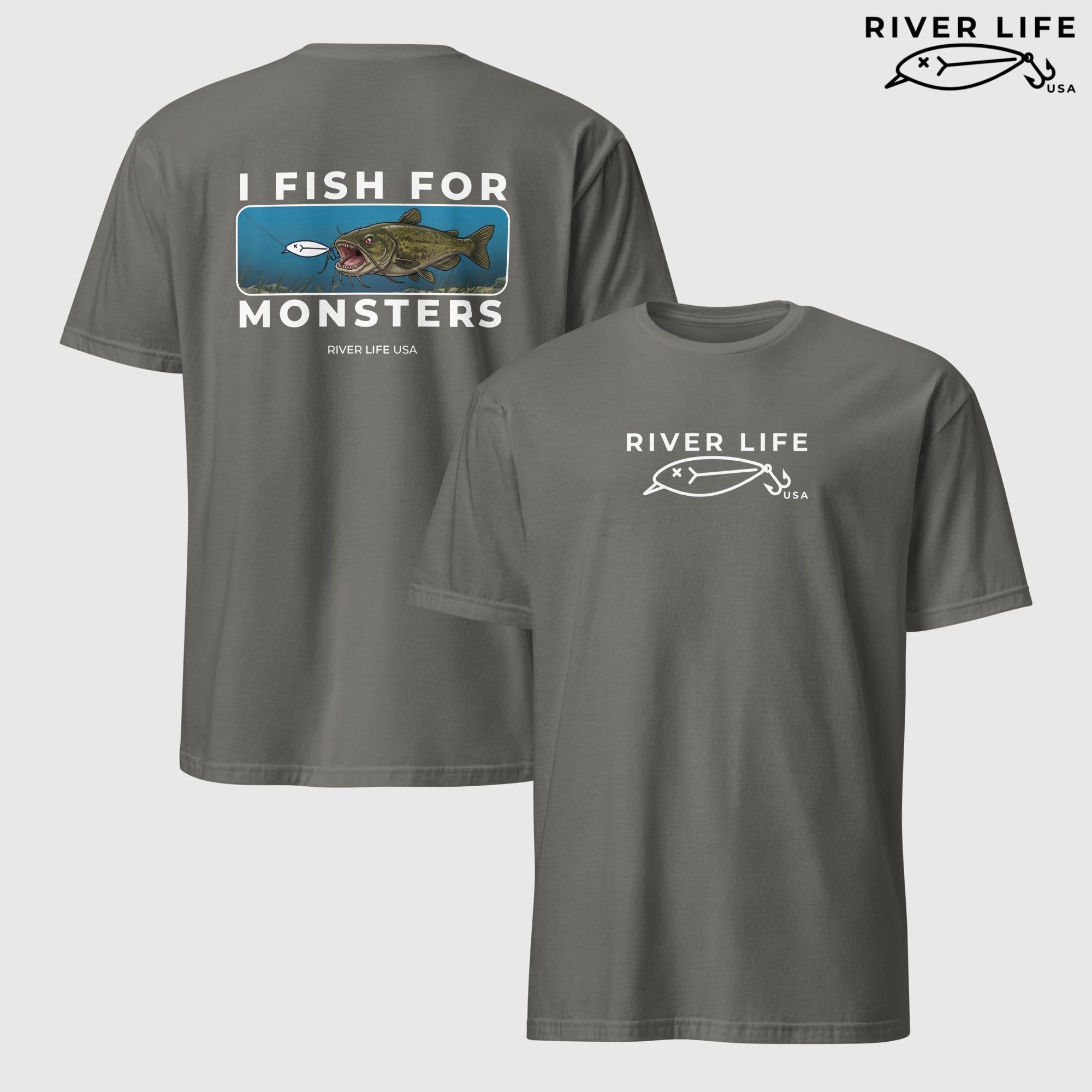 I Fish For Monsters - Catfish (white print) | Short-Sleeve Unisex T-Shirt-Charcoal-River Life USA